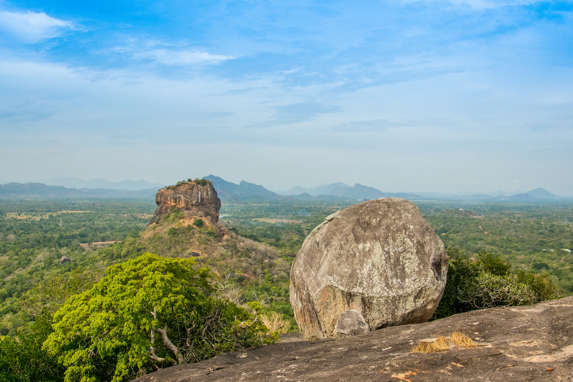 Sigiriya Rock rising from the jungle seen from Pidurangala in Sri Lanka's Cultural Triangle