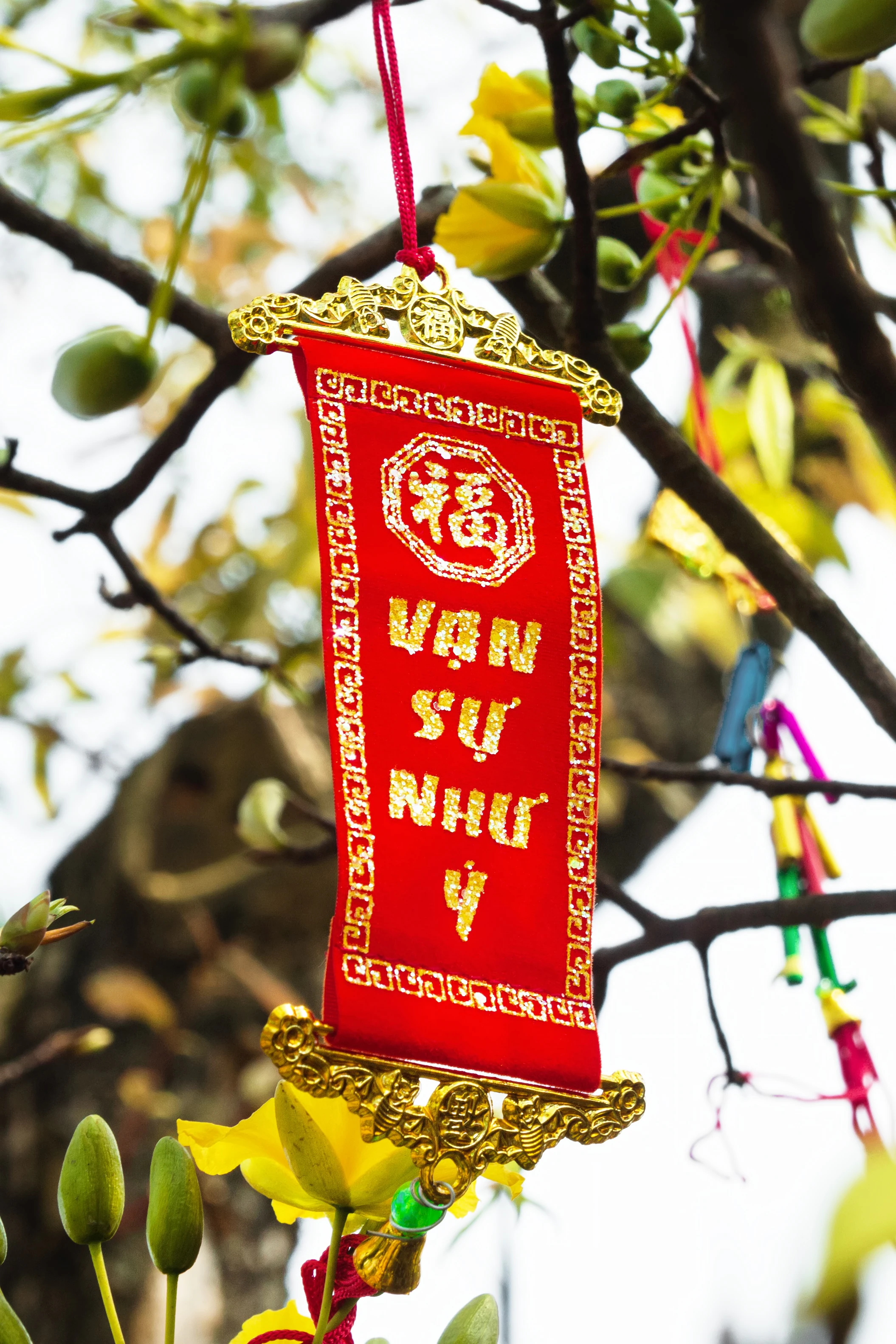 A red Tet decoration wishing good fortune, hung among yellow blossoms
