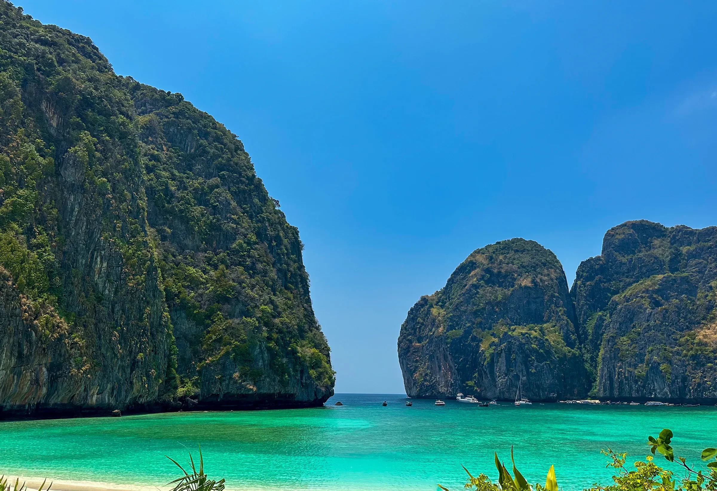 Turquoise water and limestone cliffs at Maya Bay on Koh Phi Phi Leh