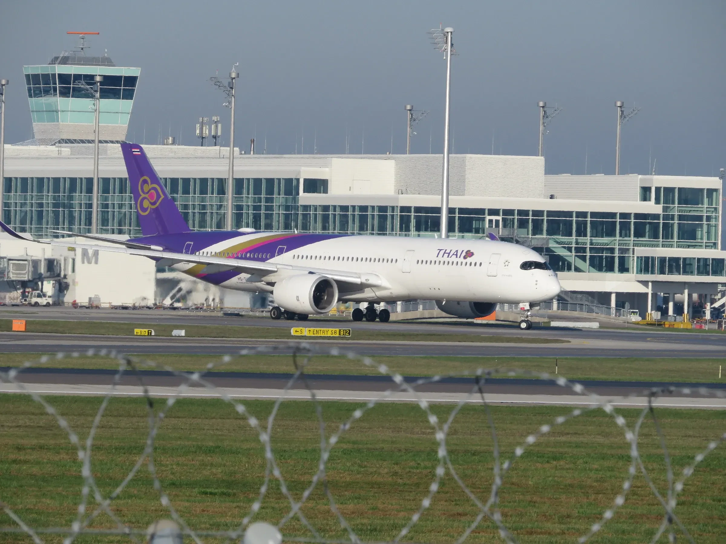 A Thai Airways Airbus A350 on the taxiway at Munich Airport
