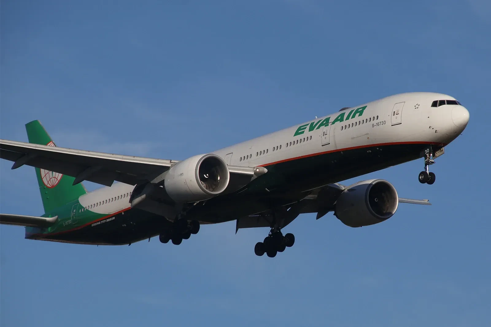 An EVA Air Boeing 777-300ER on approach to London Heathrow