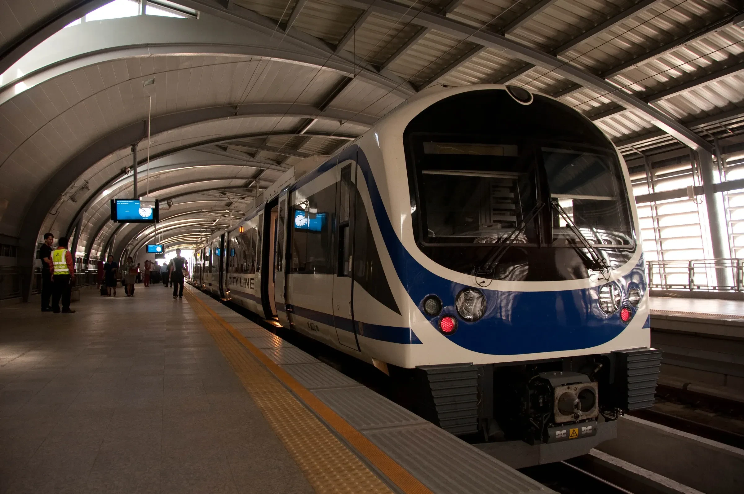 An Airport Rail Link train waiting at a platform in Bangkok