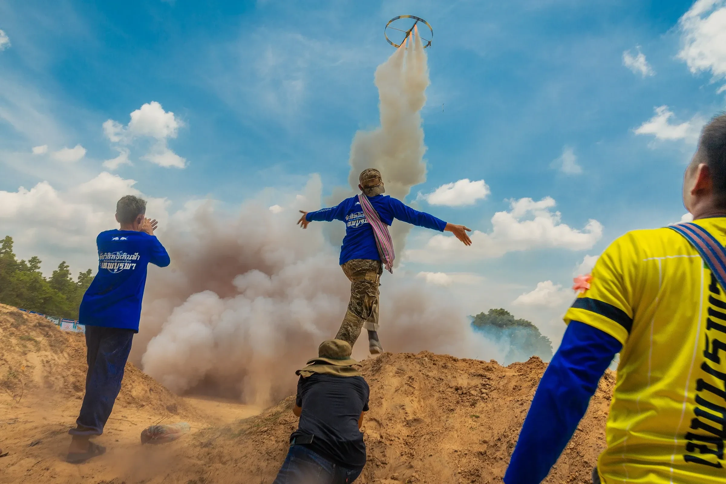 A bamboo rocket launched at a Bun Bang Fai rocket festival in Kalasin province, northeastern Thailand