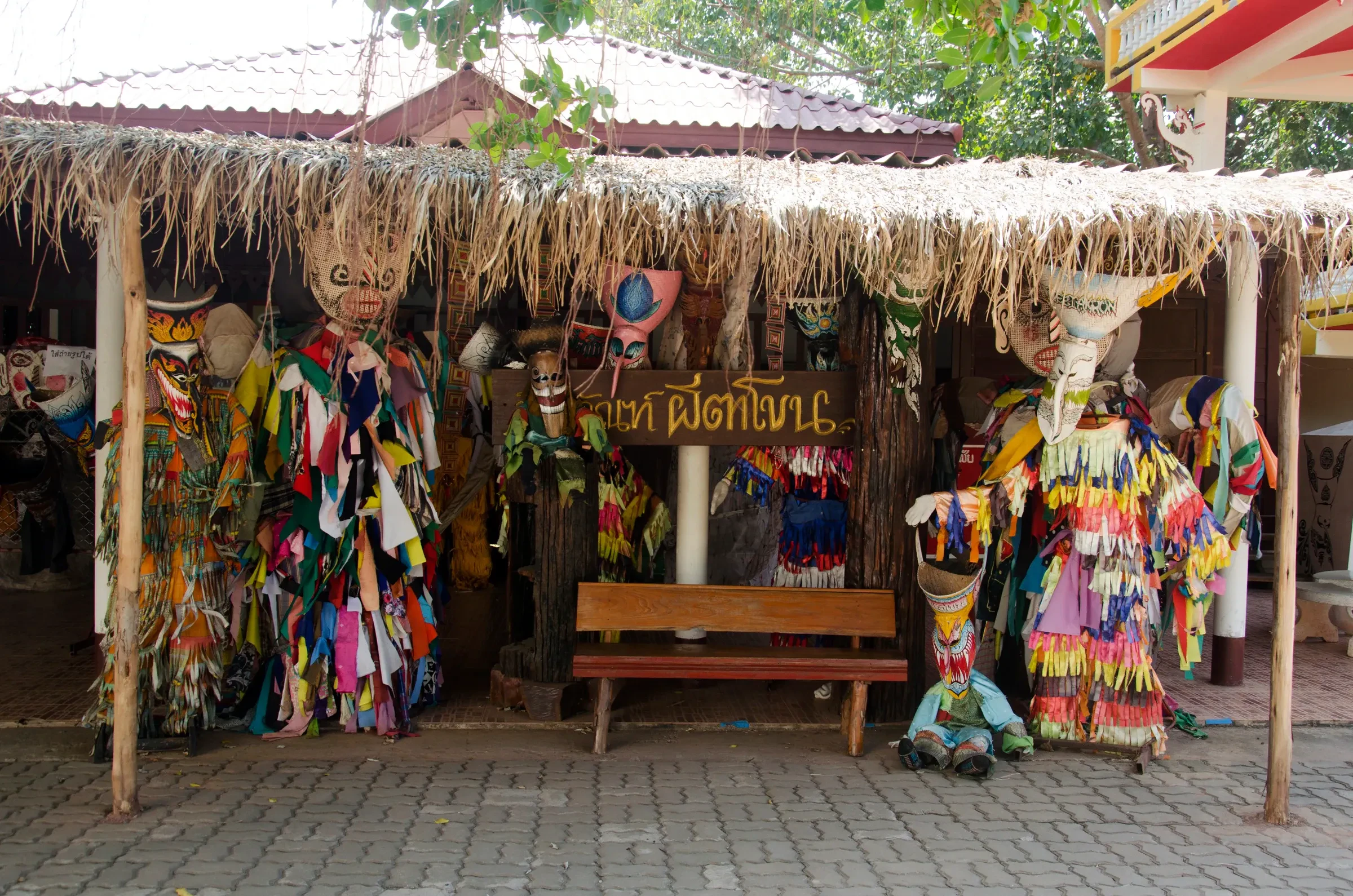 Phi Ta Khon masks and rag costumes displayed at the Phi Ta Khon Museum in Dan Sai