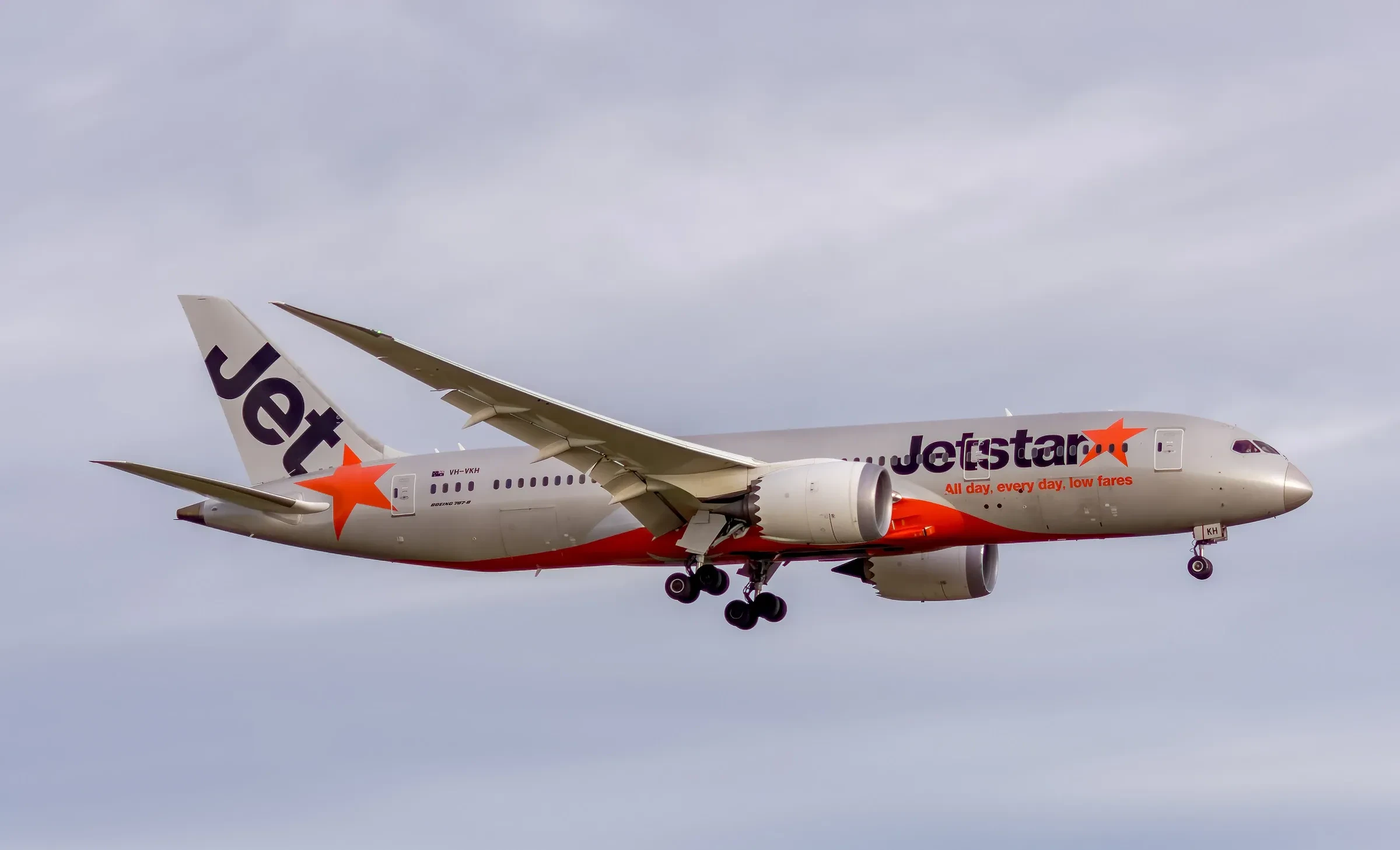 A Jetstar Boeing 787-8 Dreamliner in flight near Melbourne Airport
