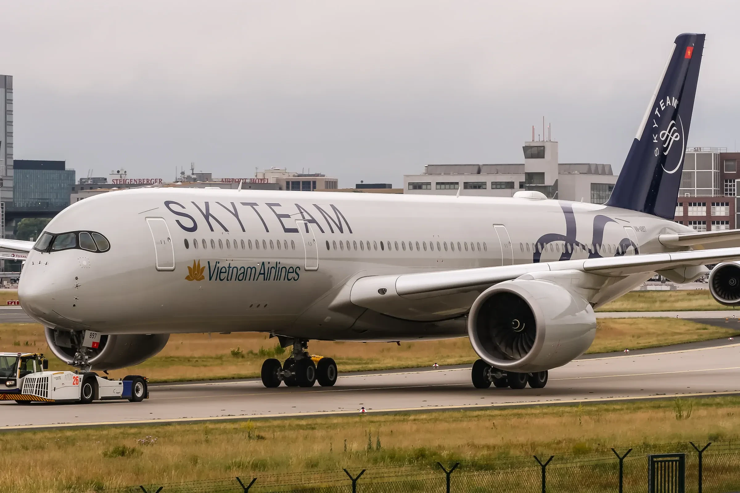 A Vietnam Airlines Airbus A350 in SkyTeam livery taxiing at Frankfurt airport
