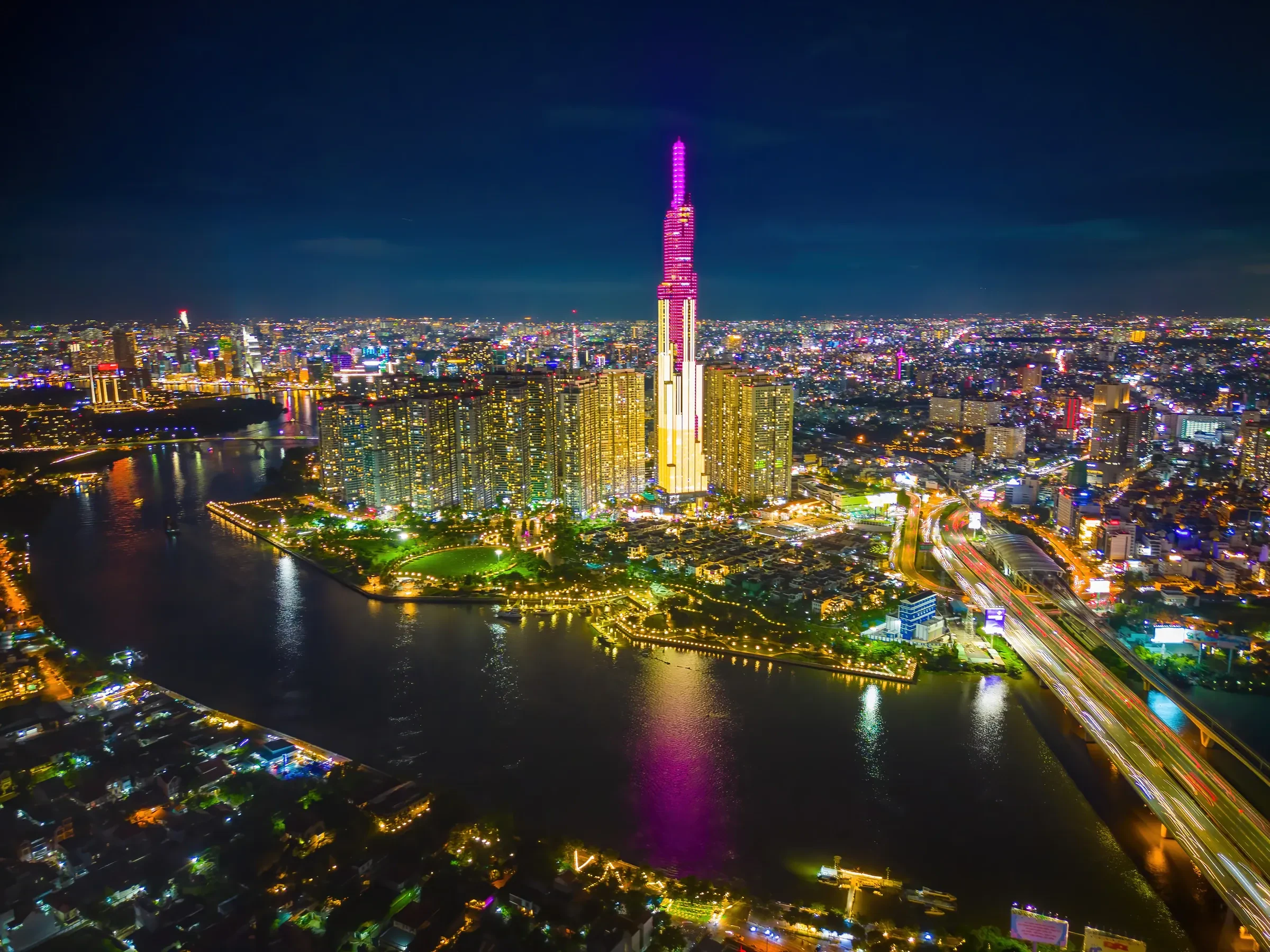 Aerial night view of the Landmark 81 tower in Ho Chi Minh City