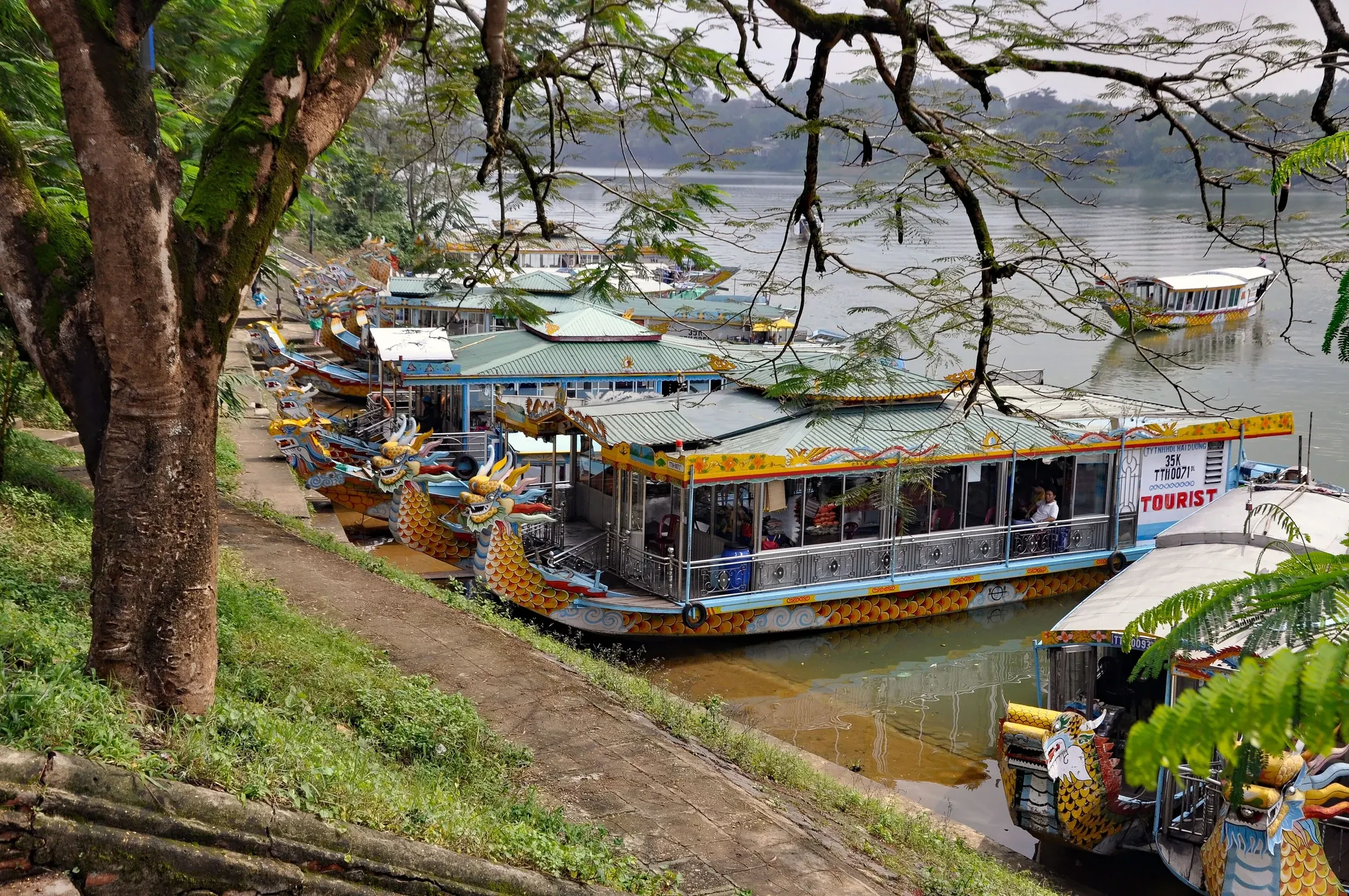 Dragon boats moored along the Perfume River at Hue