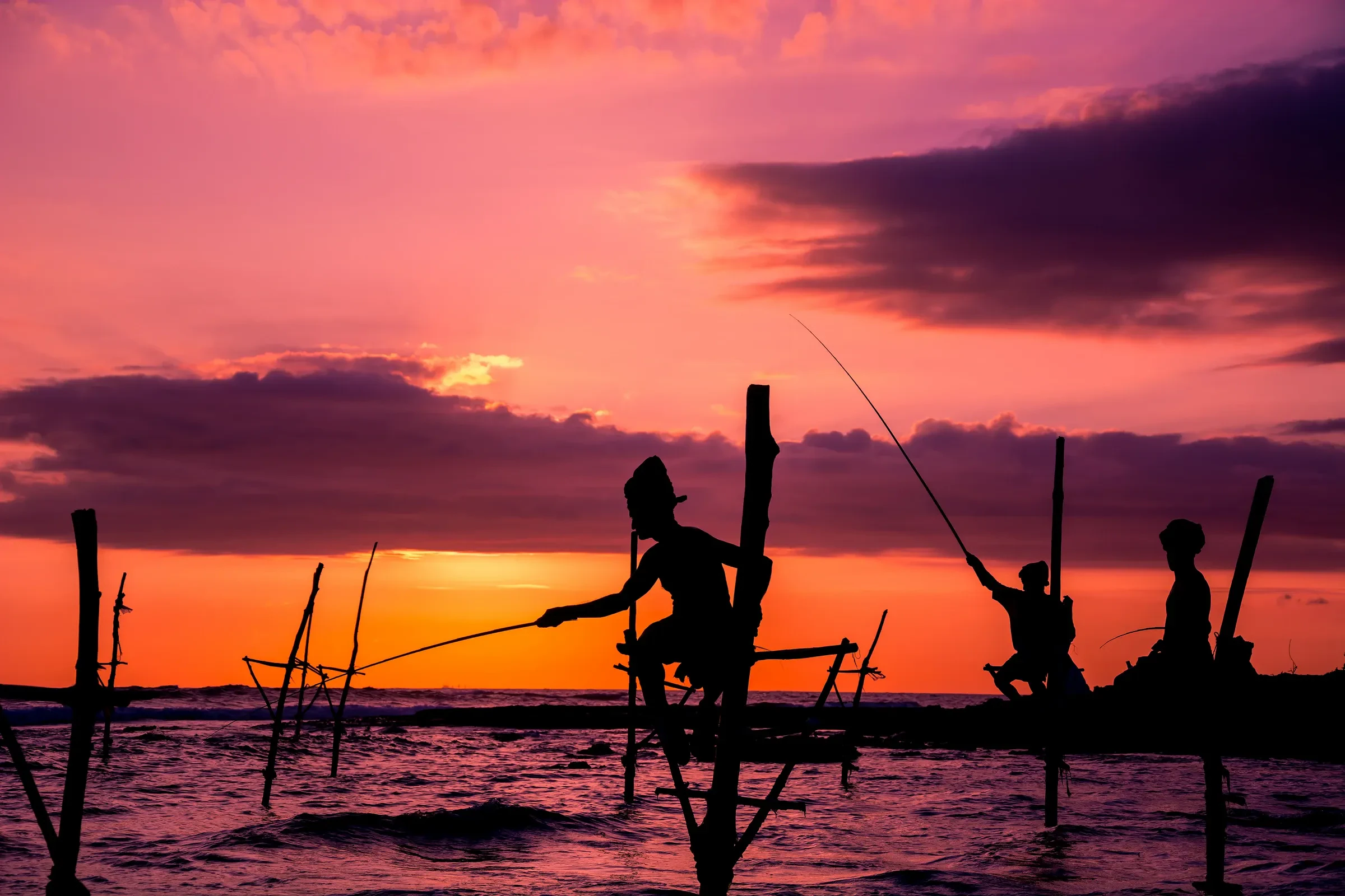 Stilt fishermen silhouetted on their poles at sunset on Sri Lanka's south coast