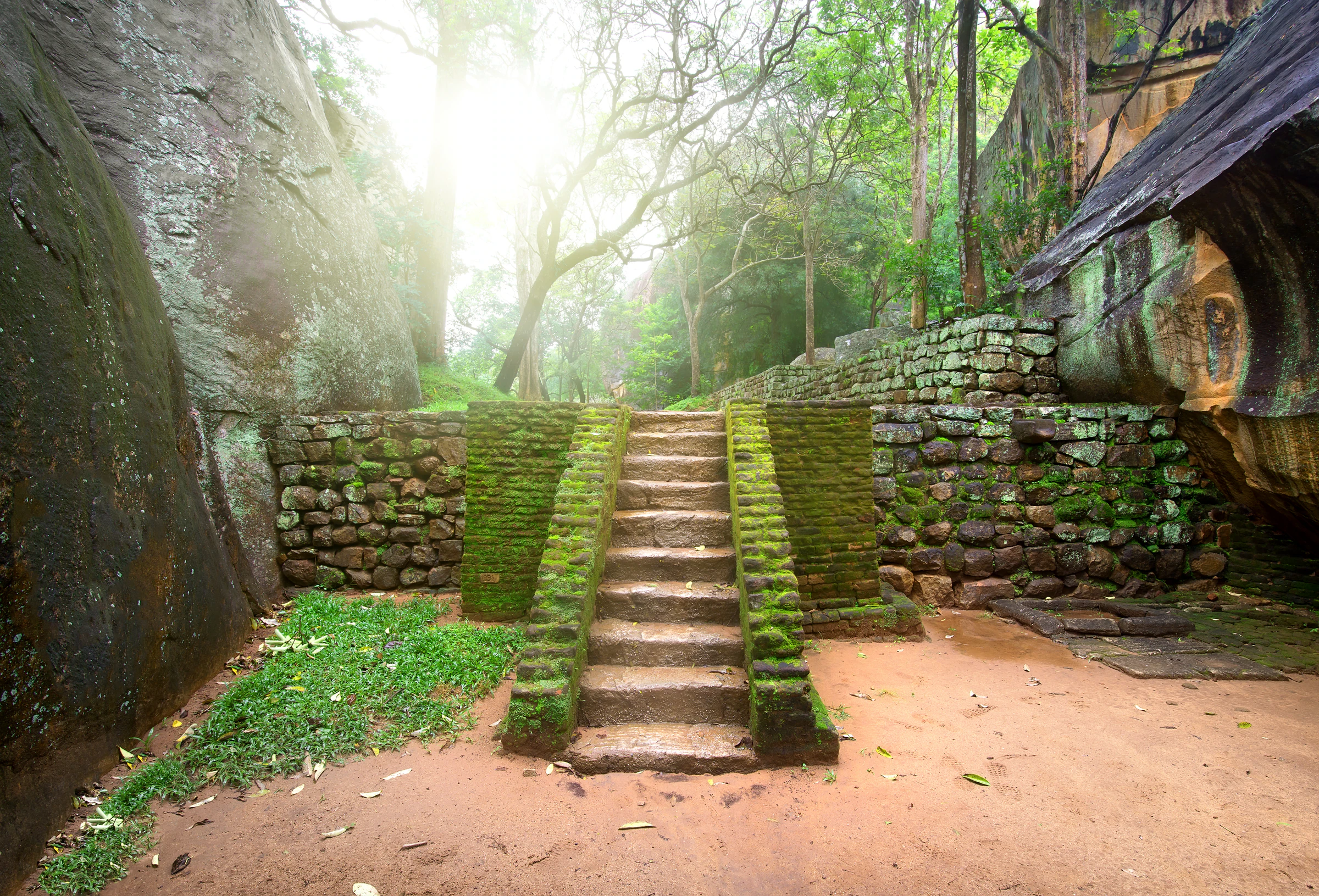 The mossy stone stairway partway up Sigiriya Rock