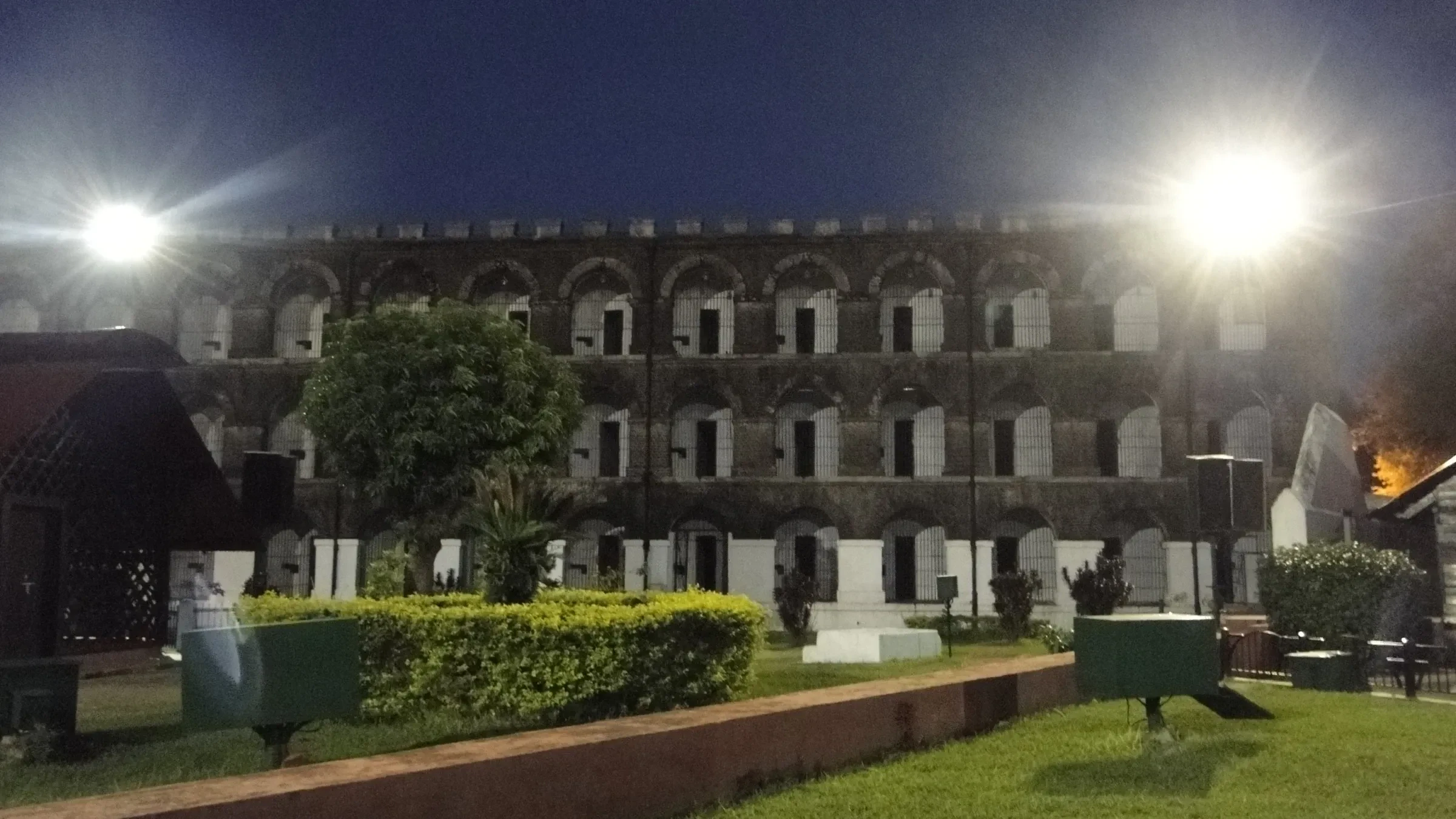 The Cellular Jail lit up at night during the light and sound show