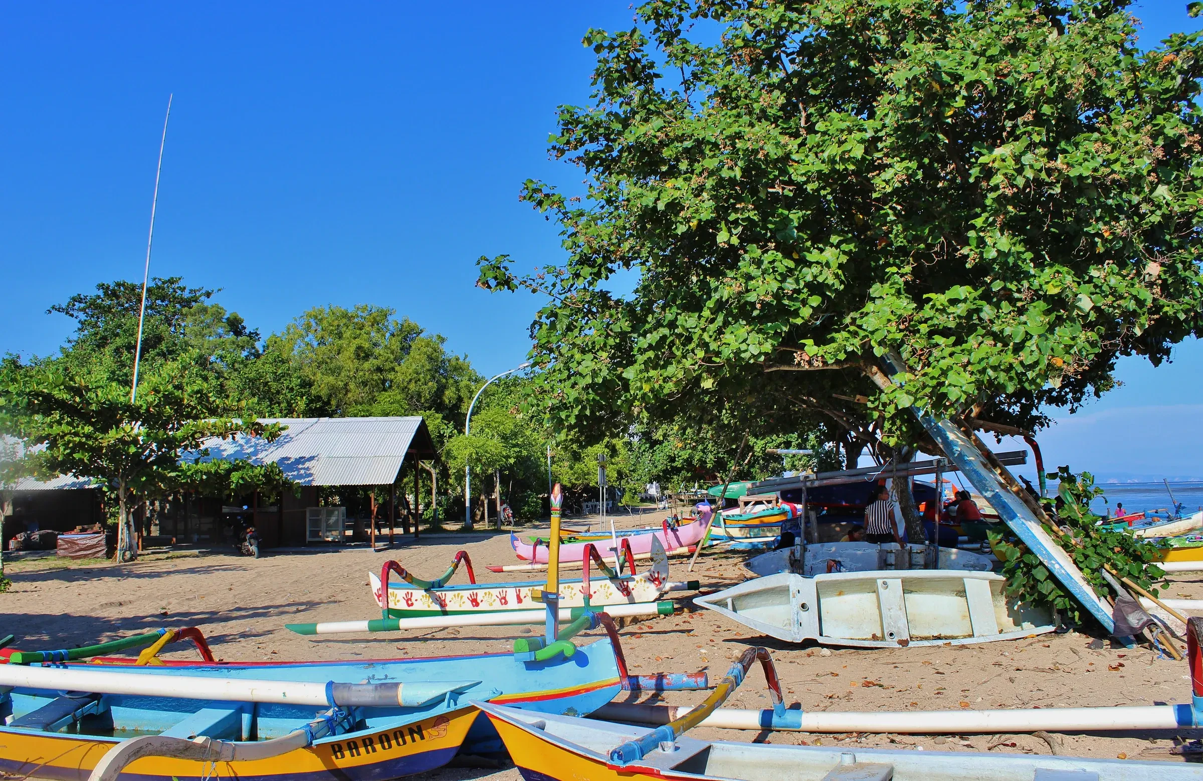 Colourful jukung outrigger boats pulled up on Sanur Beach under the trees
