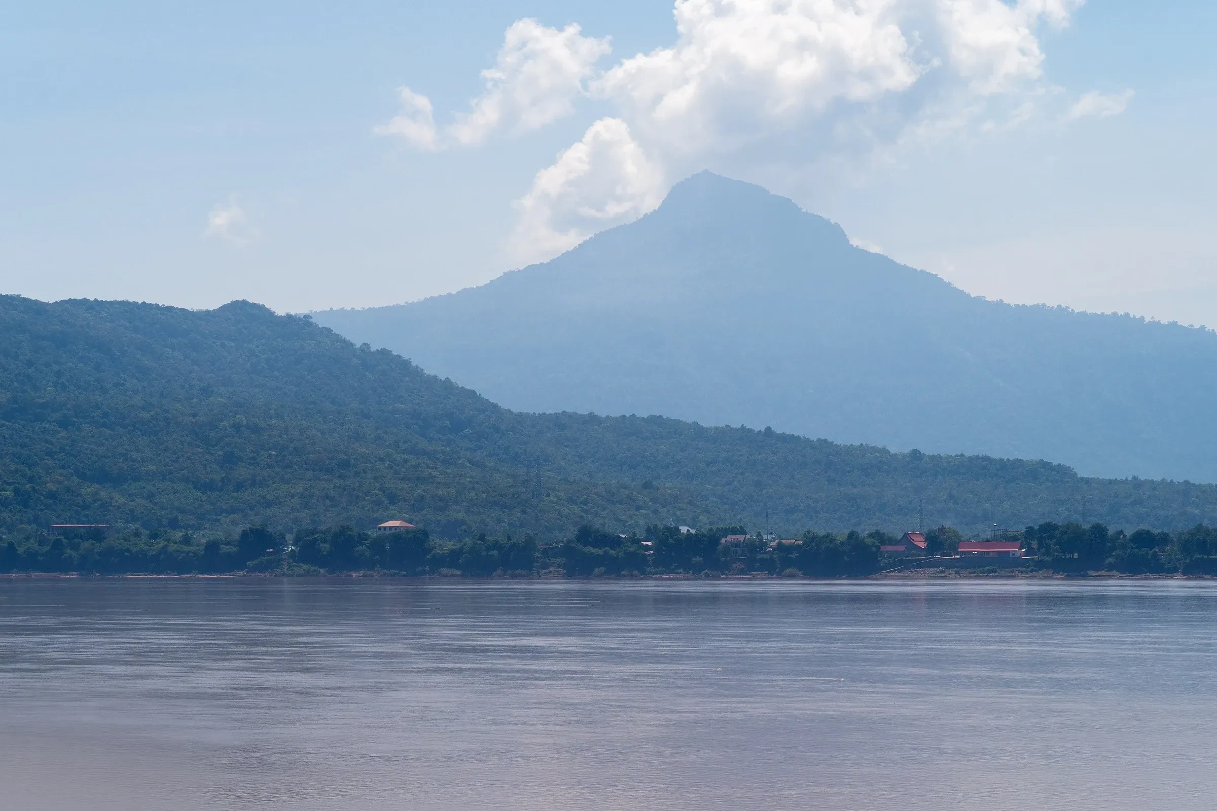 The Mekong at Pakse with the hills beyond