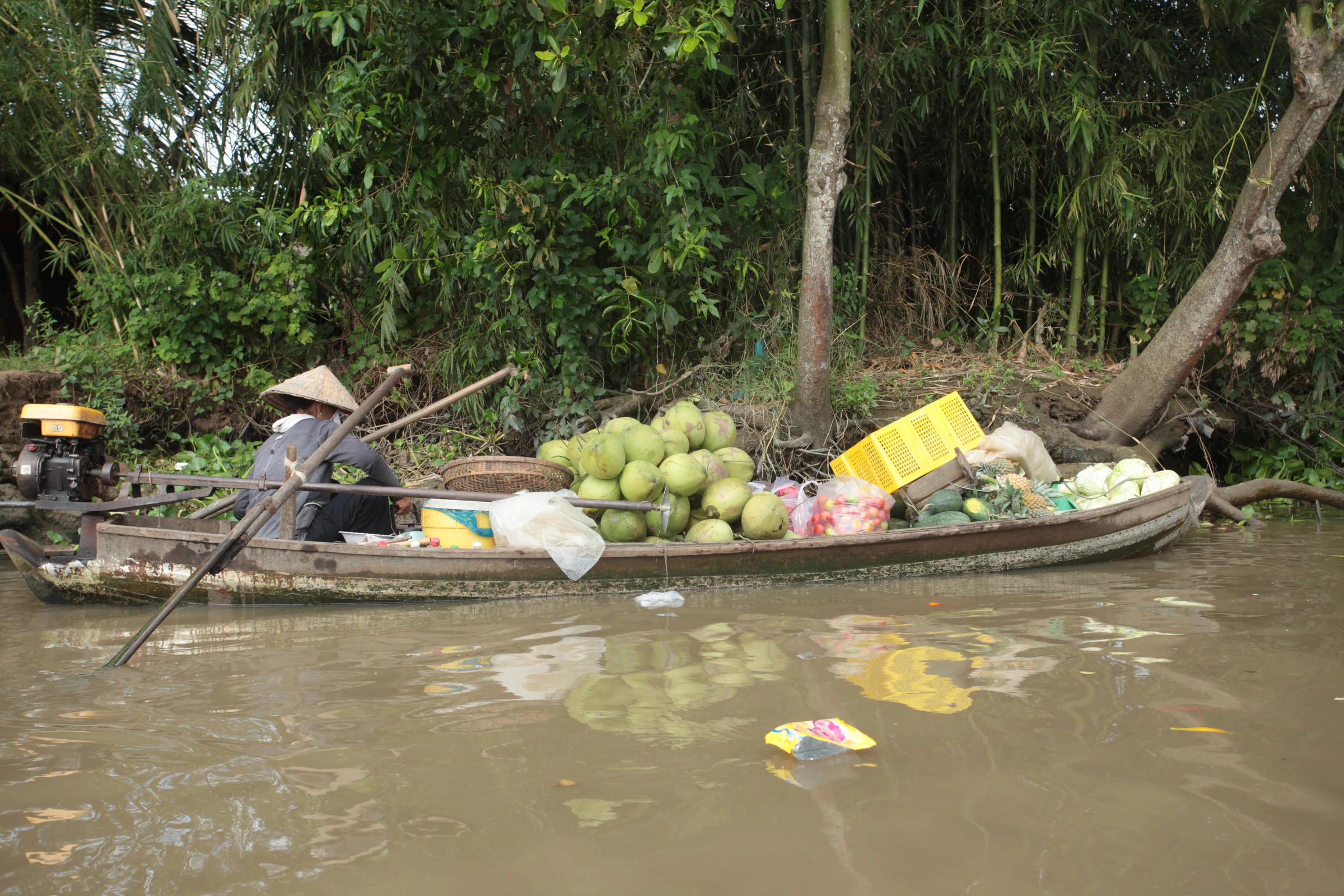 A trader rowing a boat loaded with fruit in the Mekong Delta
