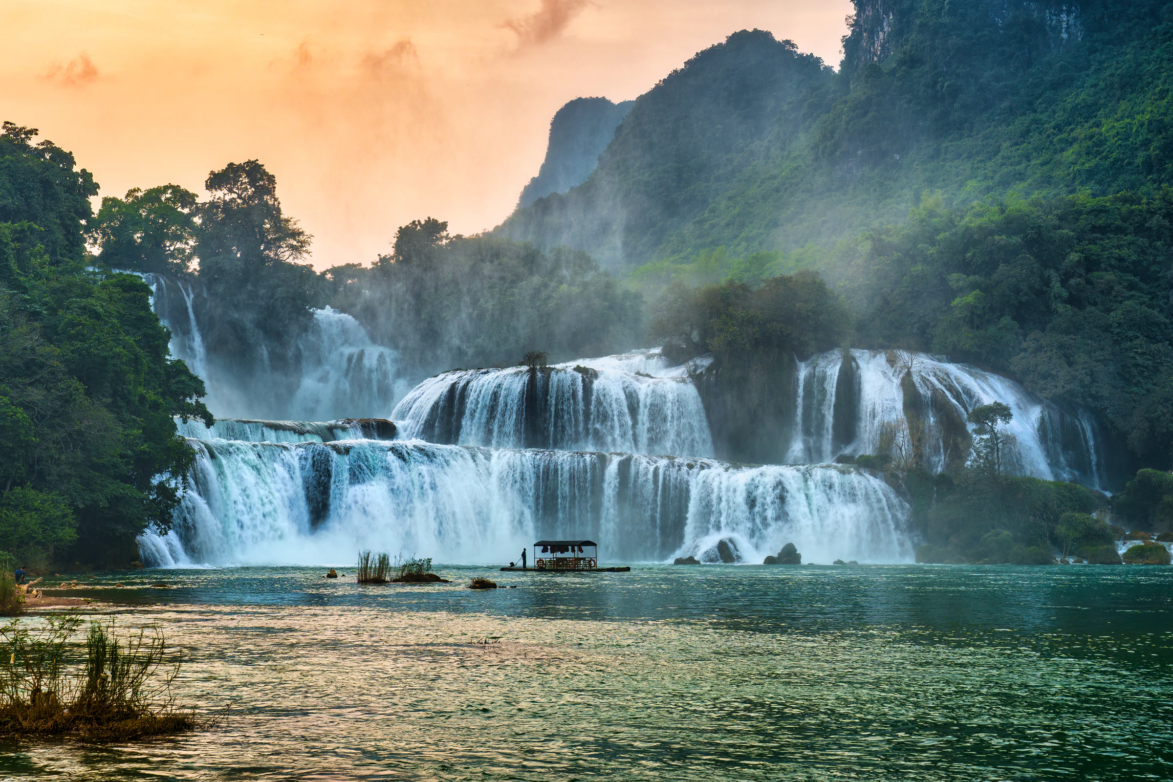 A wooden raft on the river below Ban Gioc Waterfall