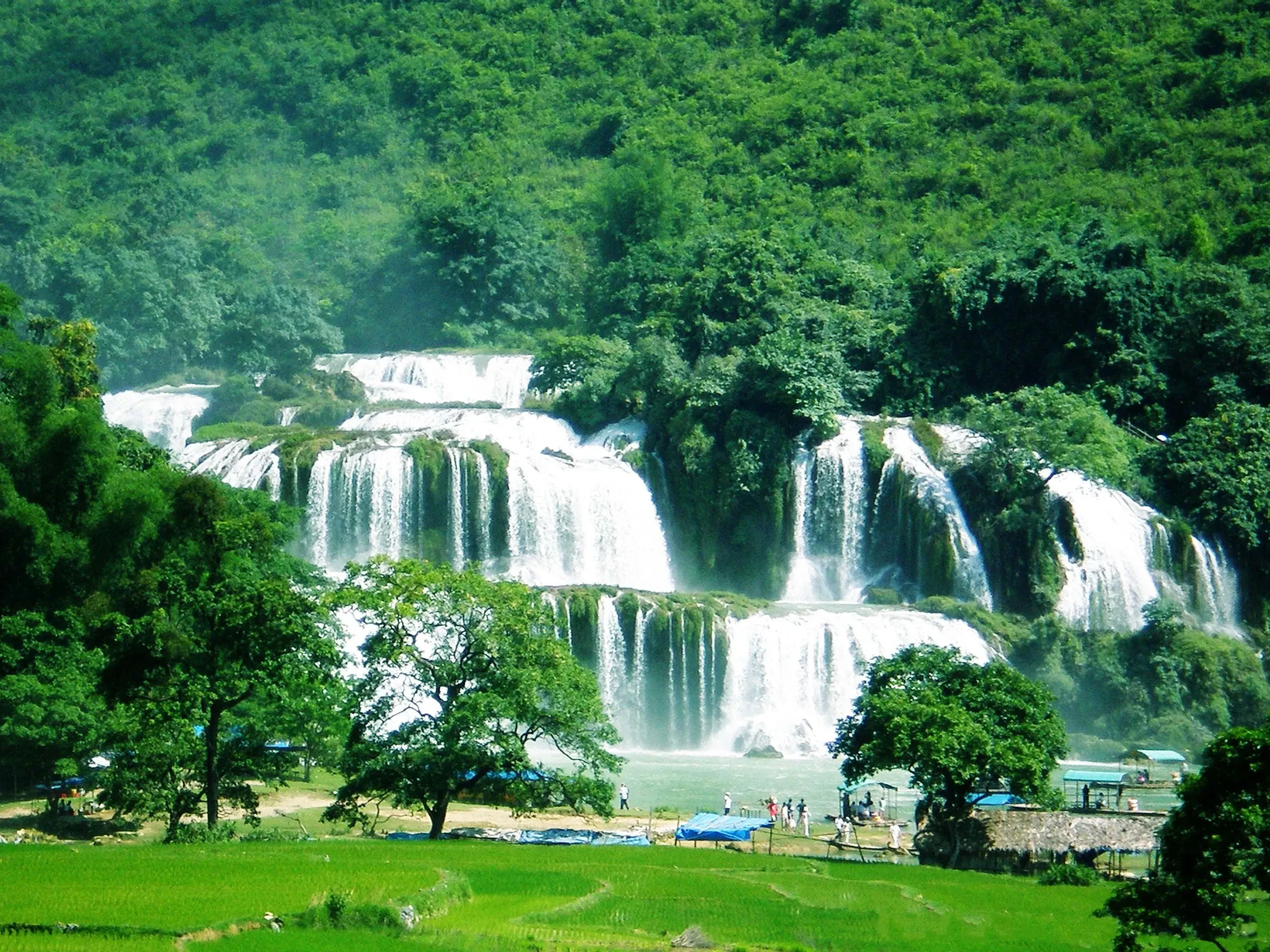 Ban Gioc Waterfall dropping in tiers over green hills in Cao Bang