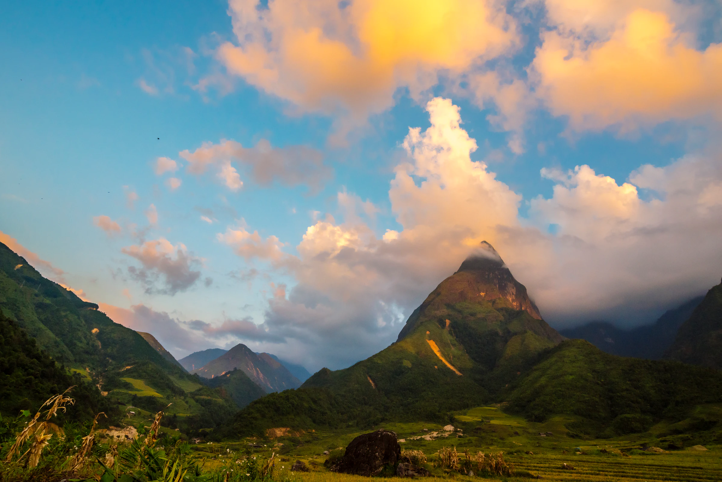 A pointed limestone peak above fields in the far north of Vietnam