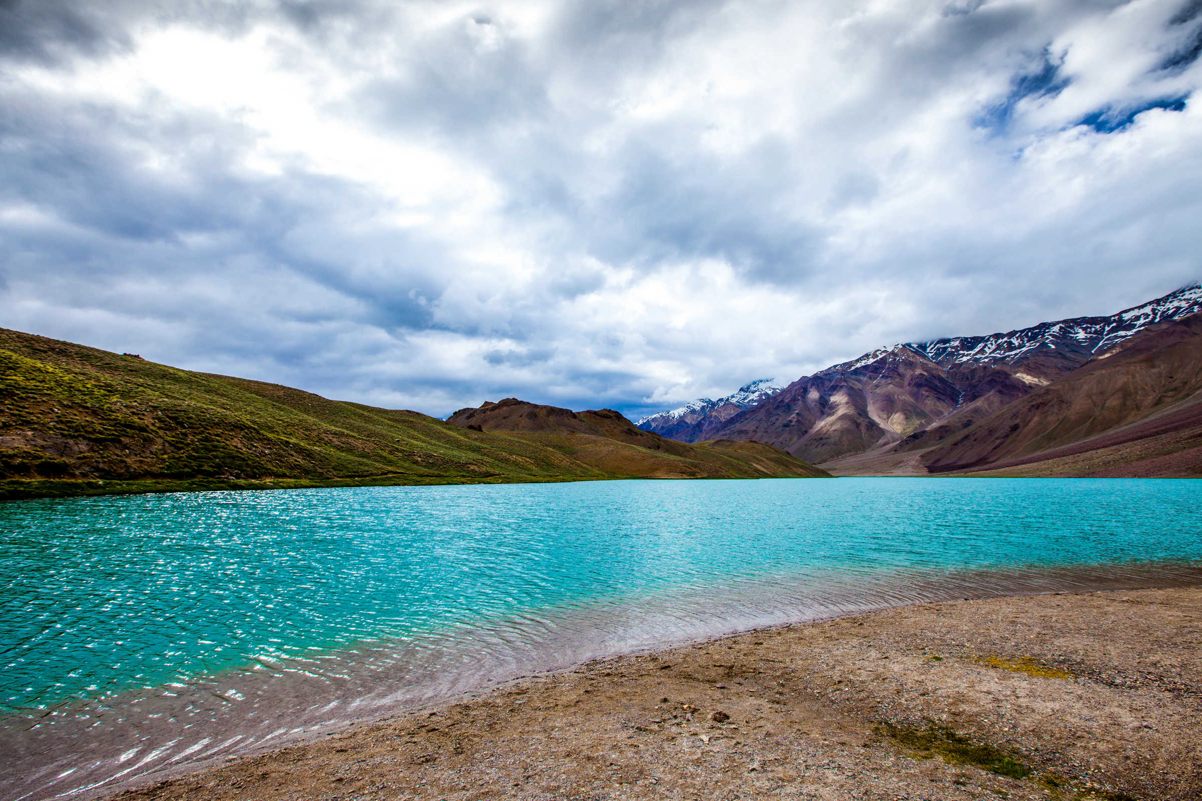The "moon lake" at Chandratal surrounded by barren peaks
