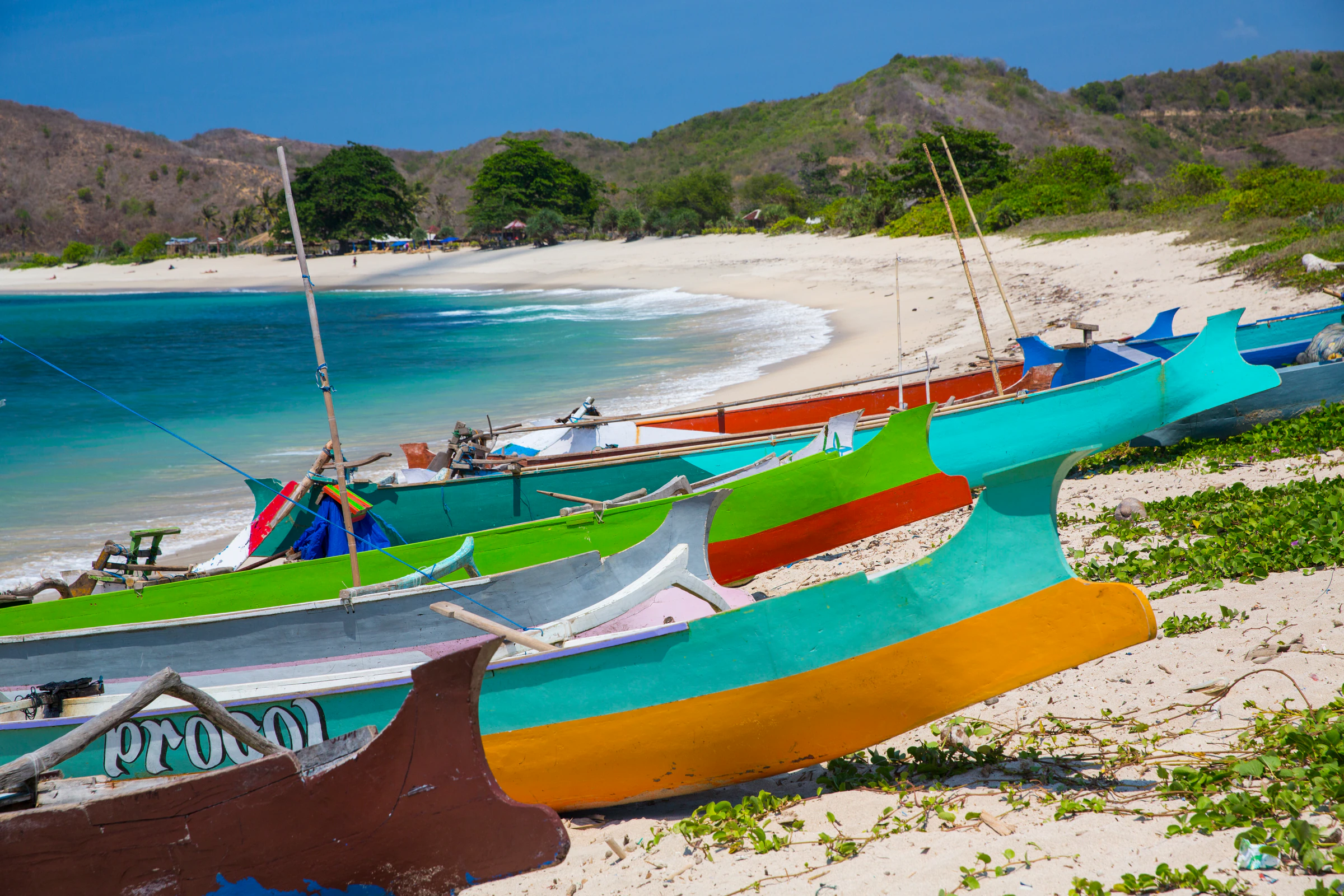 Colourful fishing boats on Mawun beach near Kuta Lombok