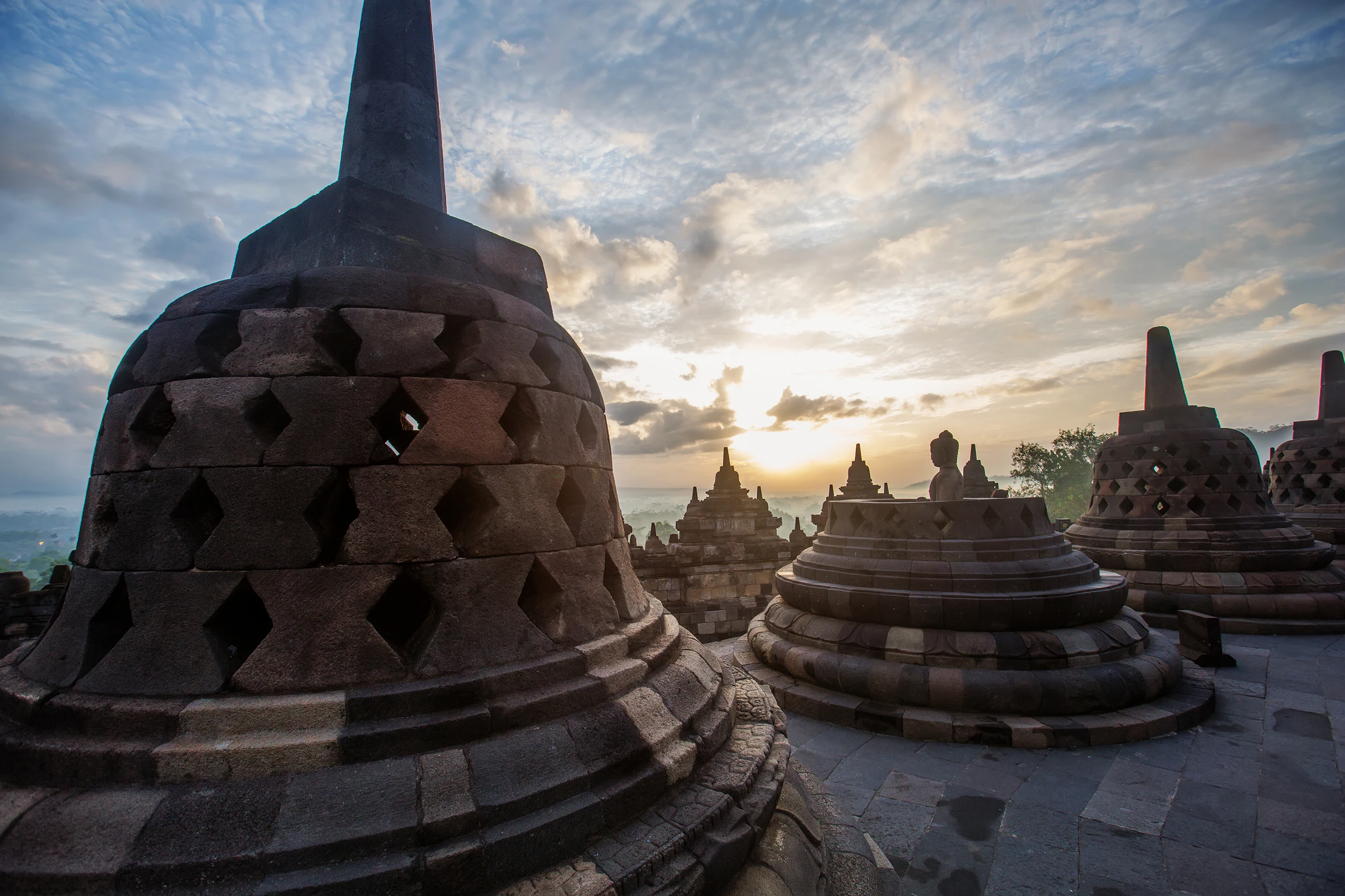 Sunrise at Borobudur temple, the world's largest Buddhist monument