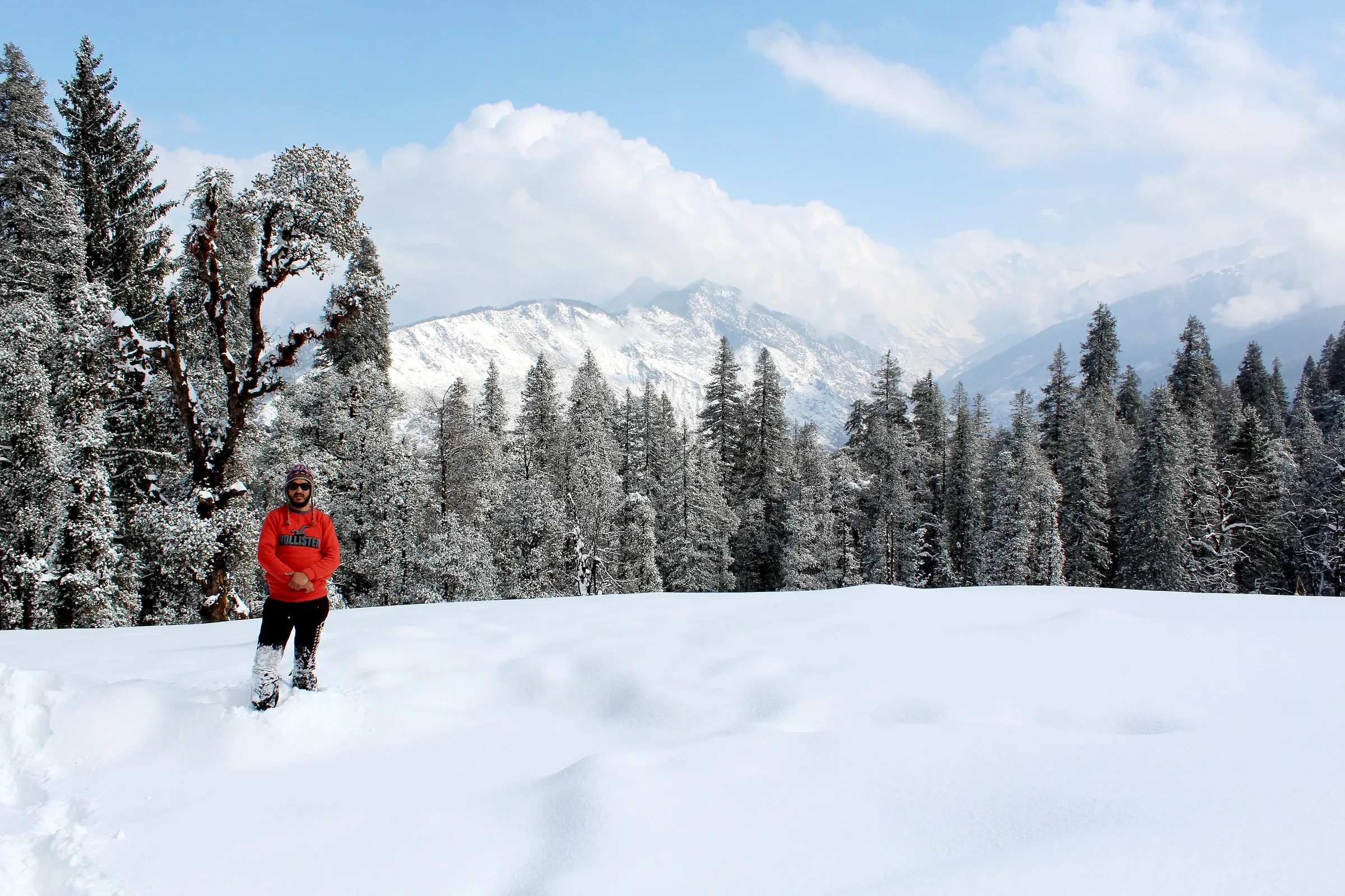 A trekker in a red jacket on a snowy trail with frosted pines and peaks behind
