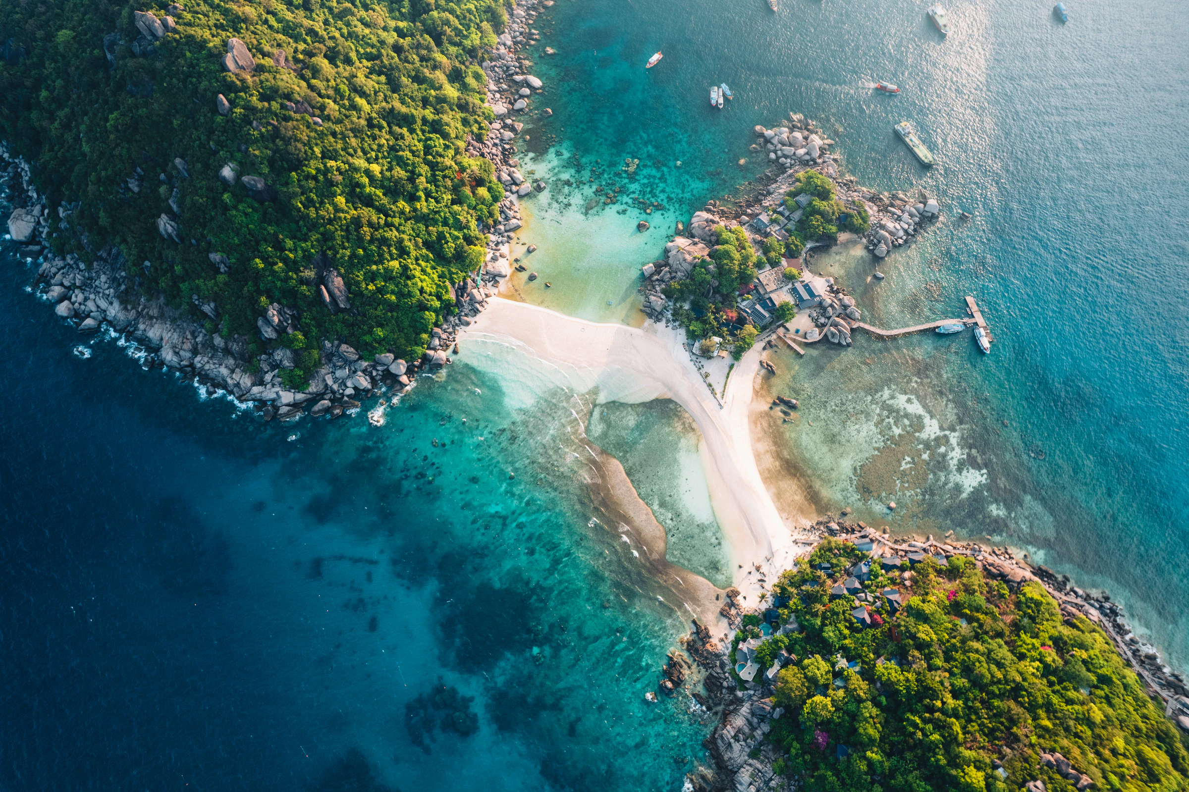 Koh Nang Yuan's three islands joined by a white sandbar, from above