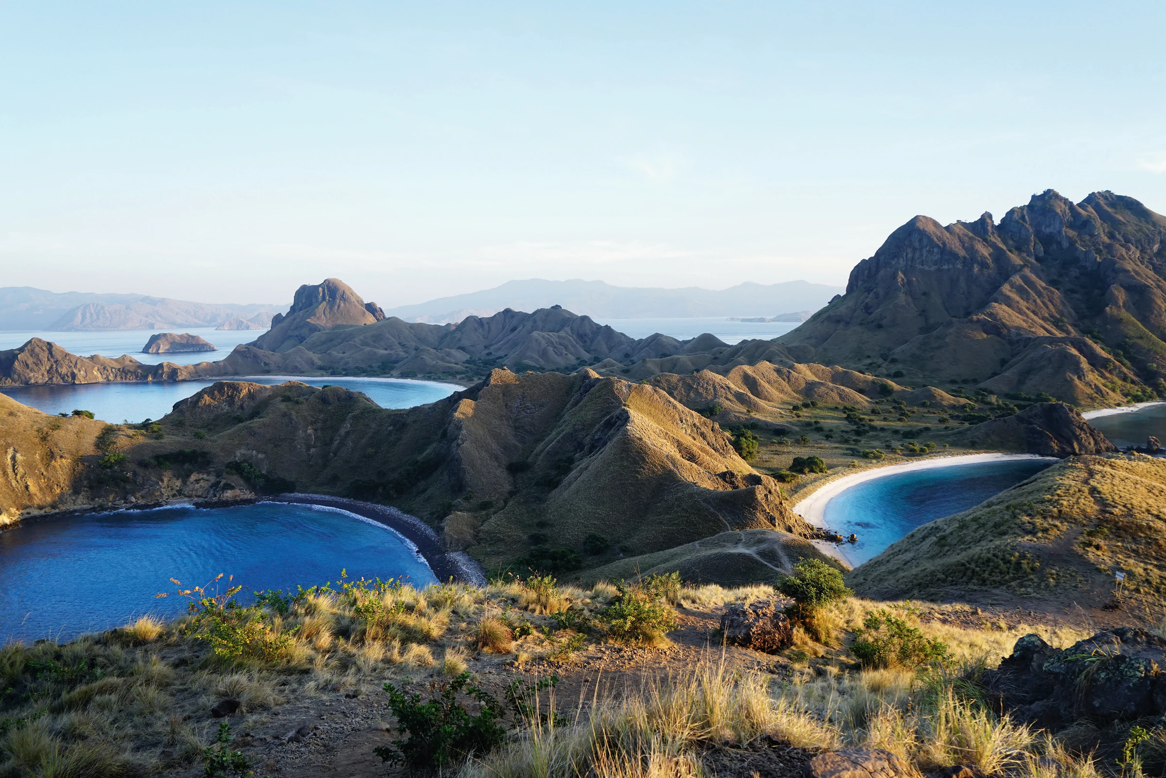 Padar island in Komodo National Park, seen from the viewpoint above its three curved bays