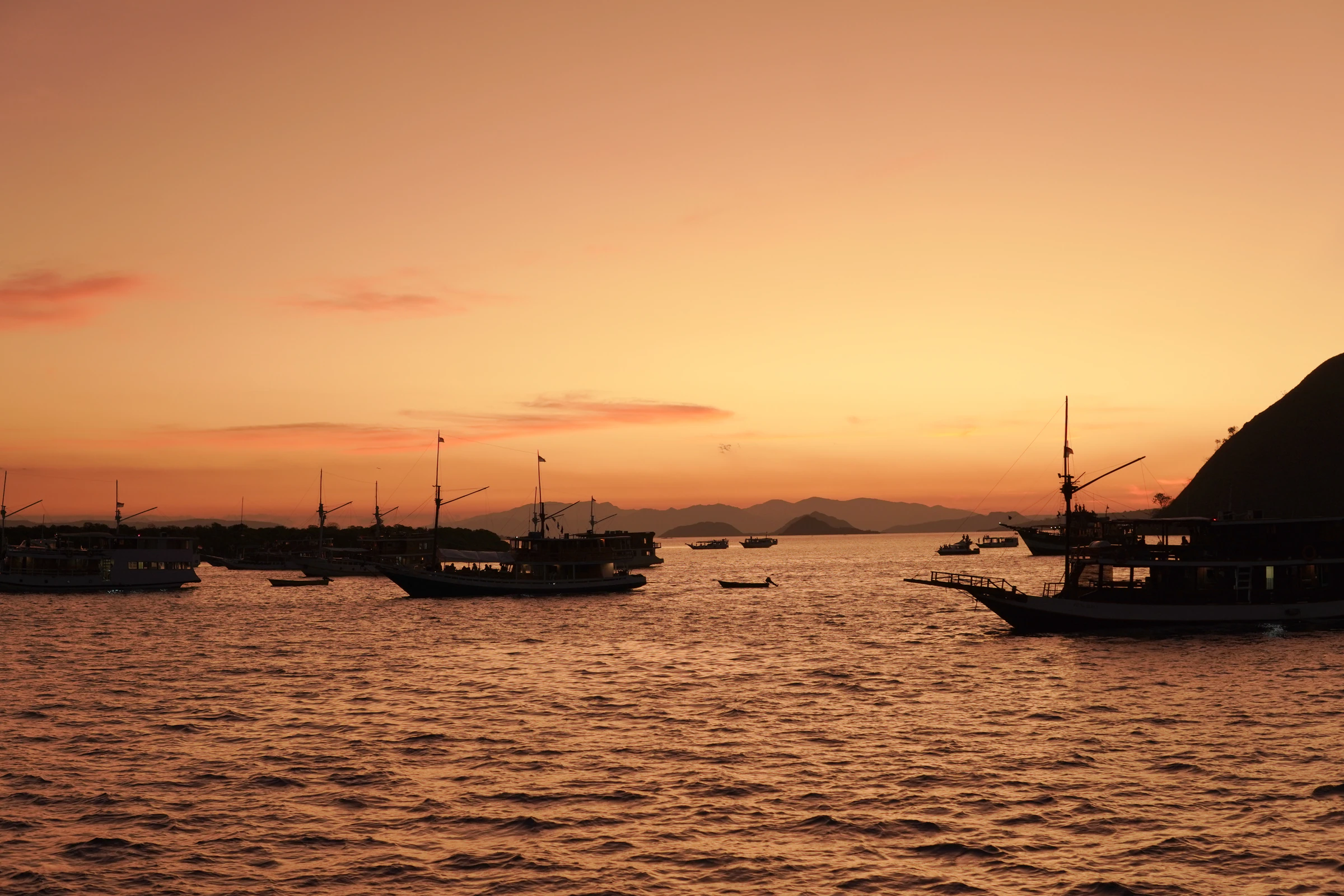 Boats moored at Labuan Bajo harbour at the end of the trip