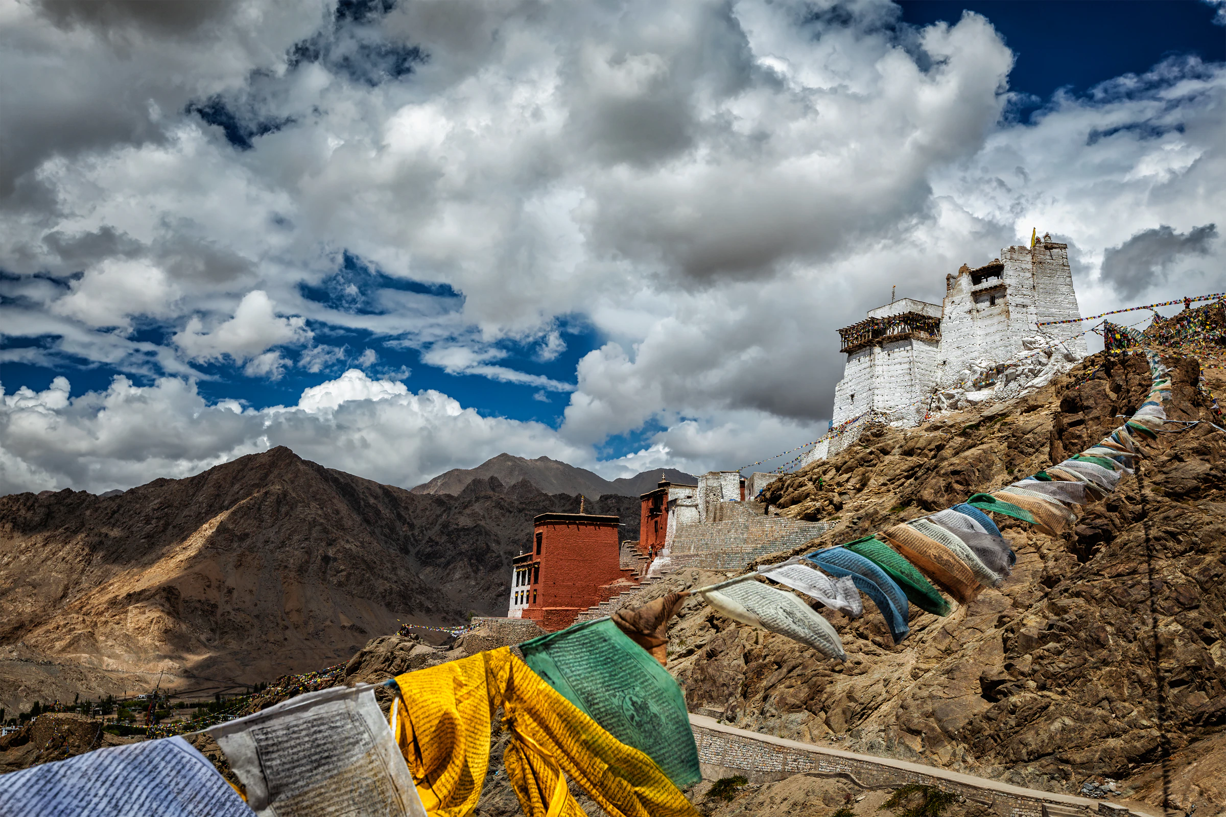 Prayer flags above a monastery in Leh