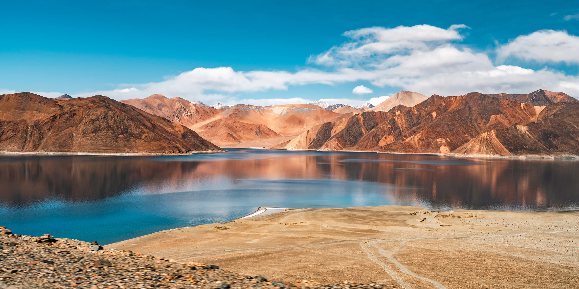 Pangong Lake's turquoise water on arrival in the afternoon