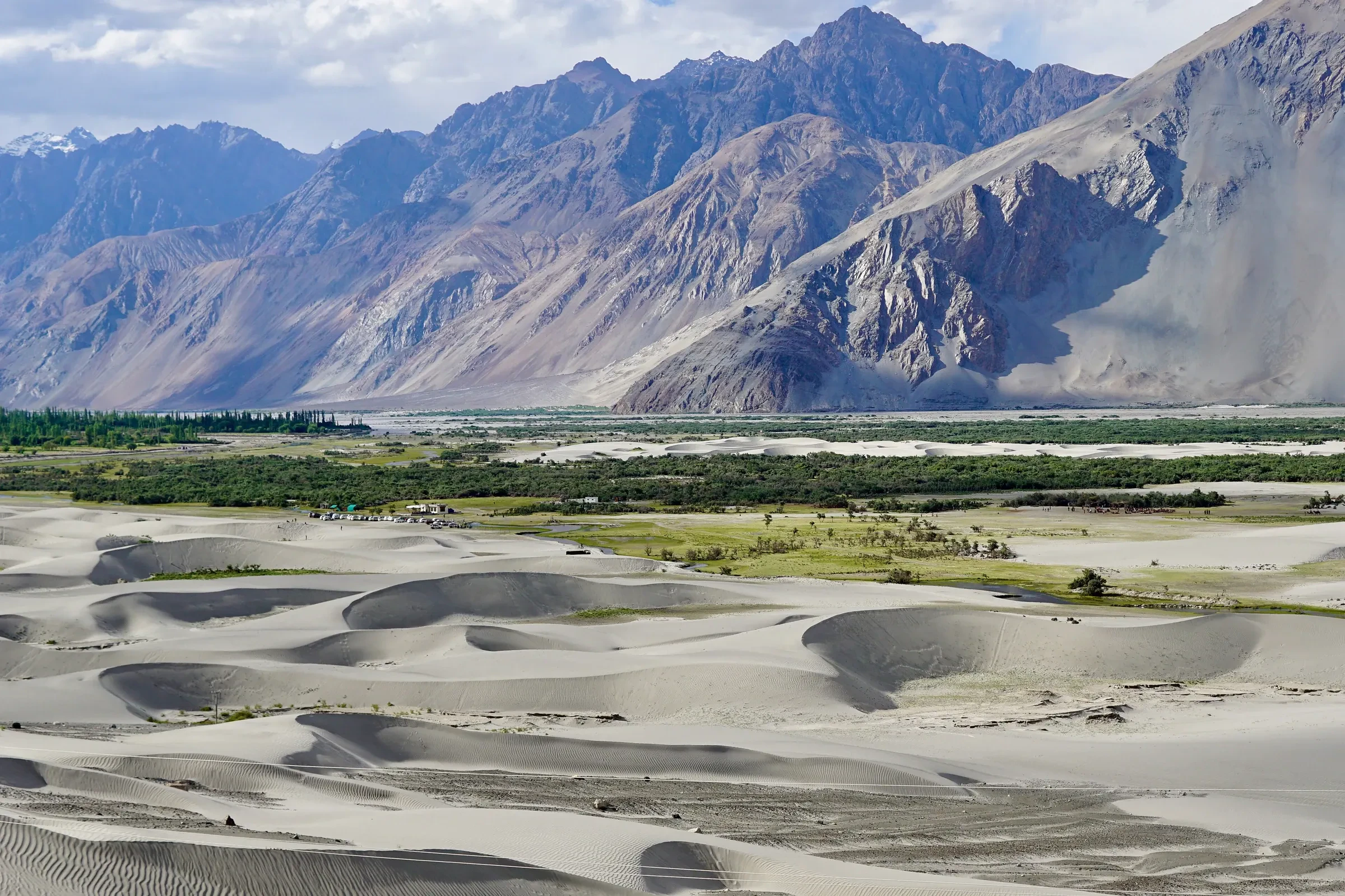 Pale sand dunes and poplar groves in the Nubra Valley below rugged peaks