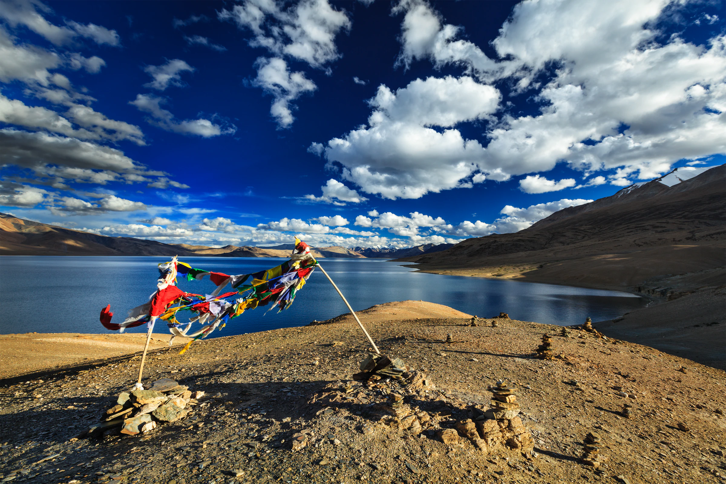 Prayer flags above the shore of Tso Moriri, with bare brown hills behind