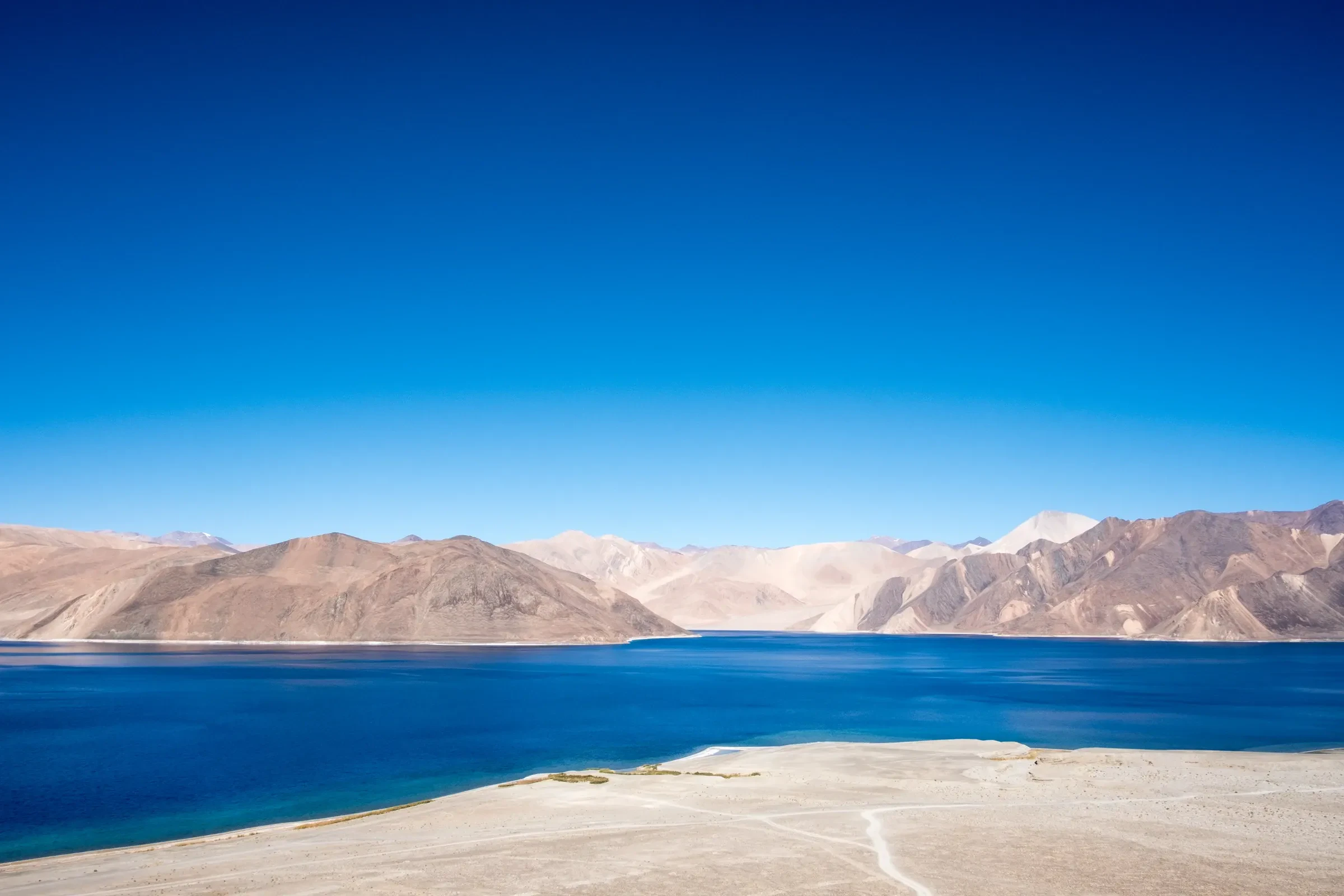 Pangong Lake's deep blue water beside a pale shoreline and brown mountains
