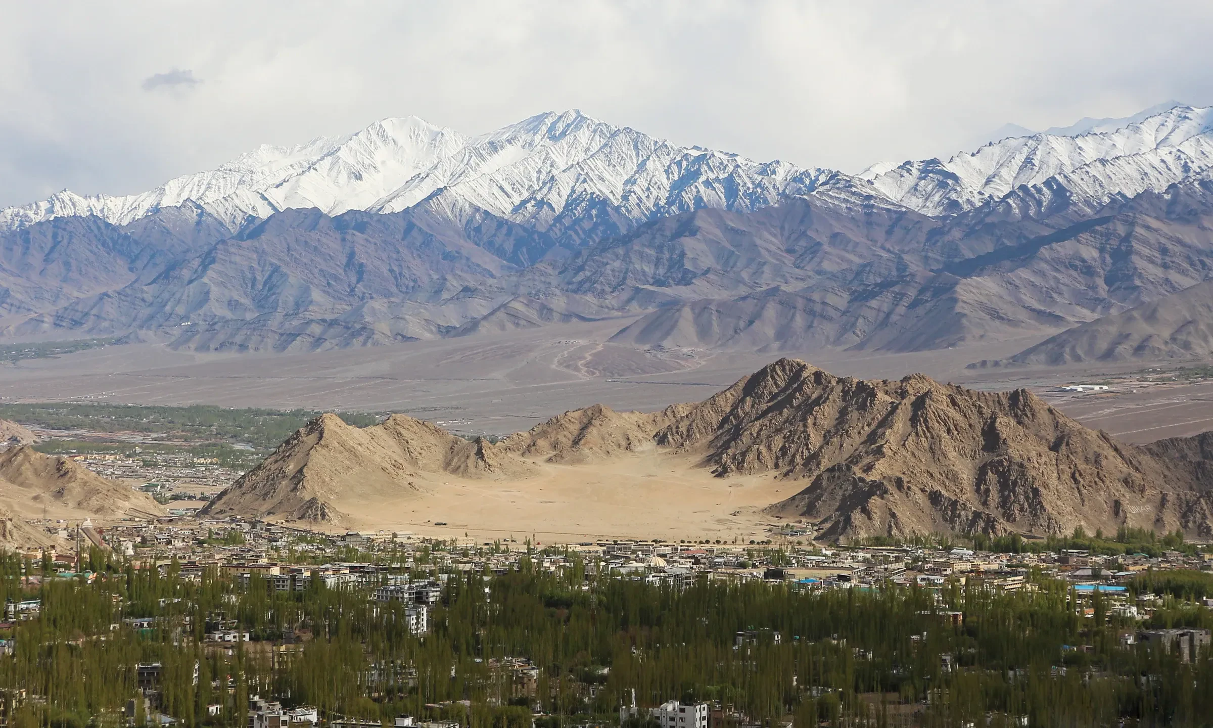 The snowy Zanskar range above Leh, seen from Shanti Stupa