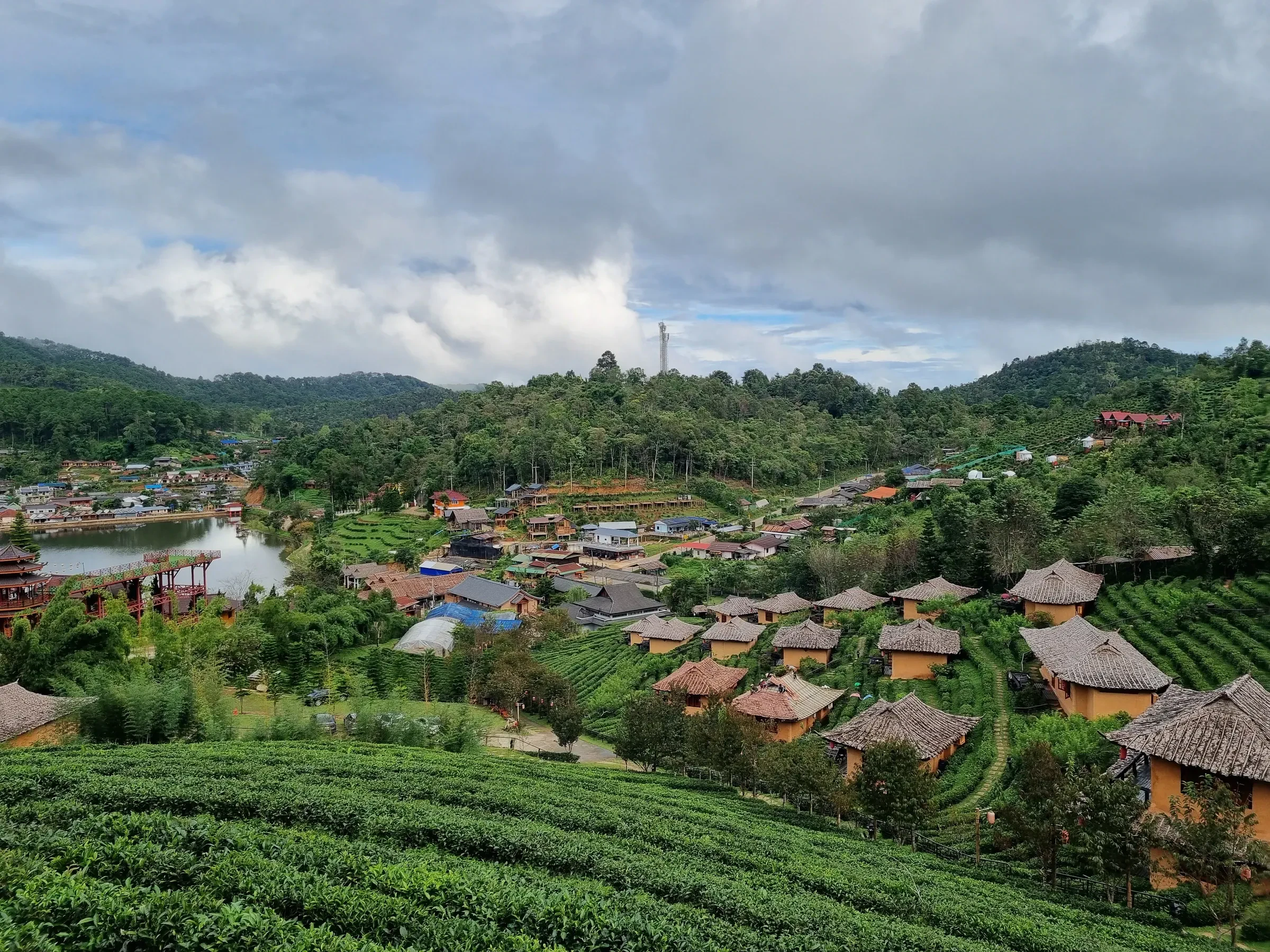 Thatched guesthouses and tea terraces in the hillside village of Ban Rak Thai