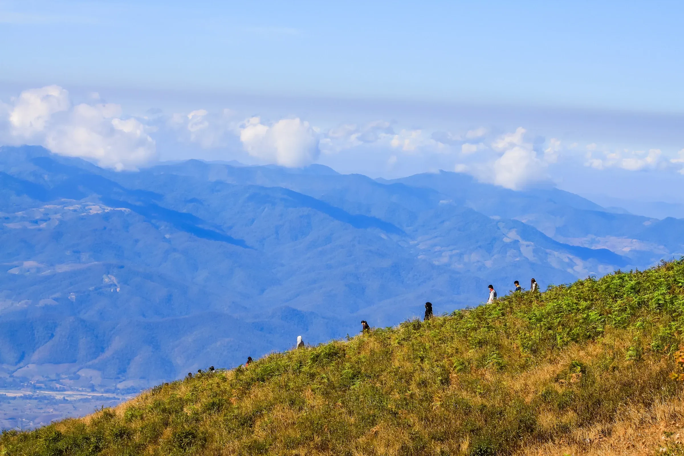 Hikers on a grassy ridge with blue mountains beyond in Doi Inthanon National Park