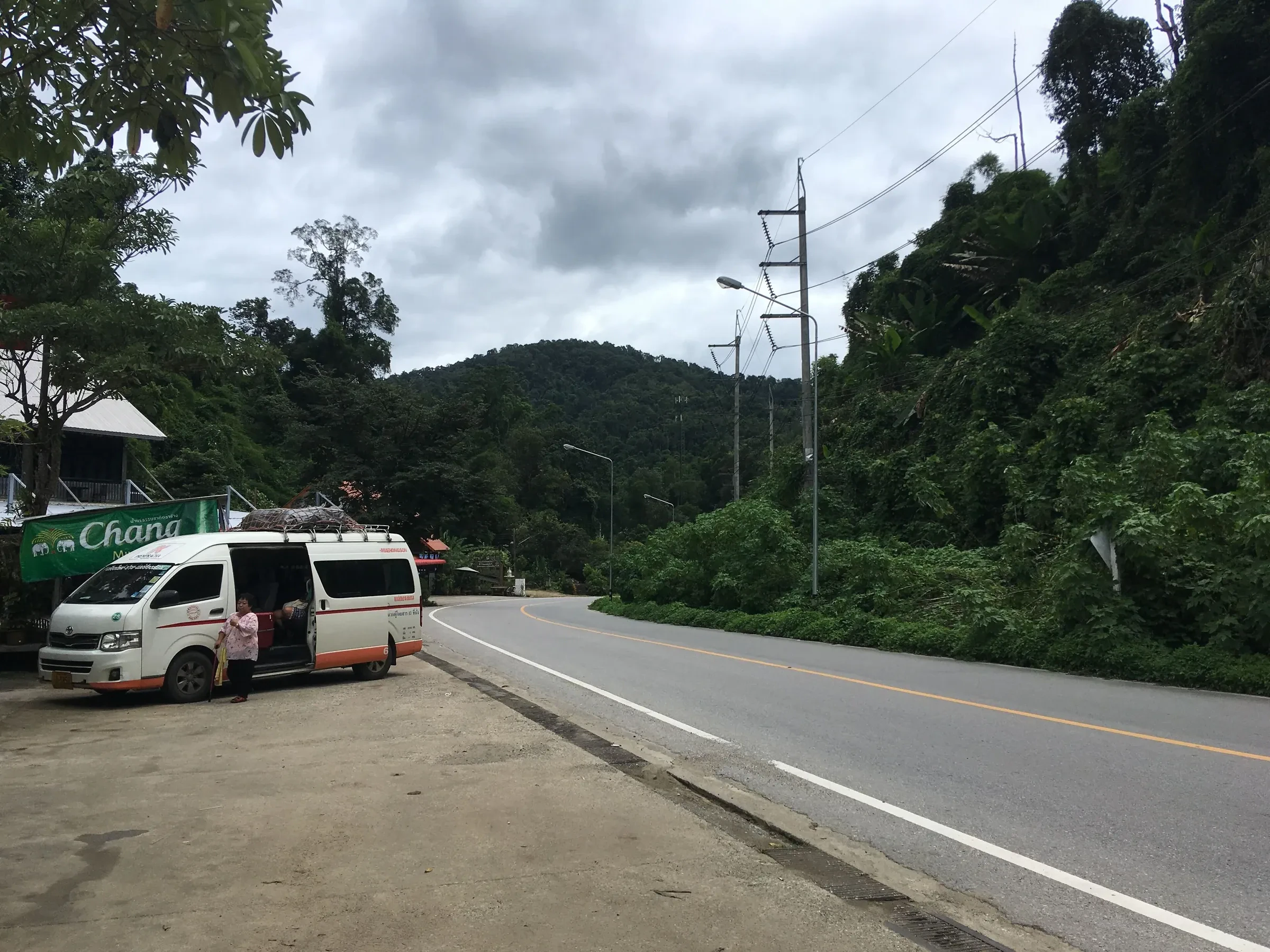 A minibus parked on Route 1095, the mountain road between Chiang Mai and Pai