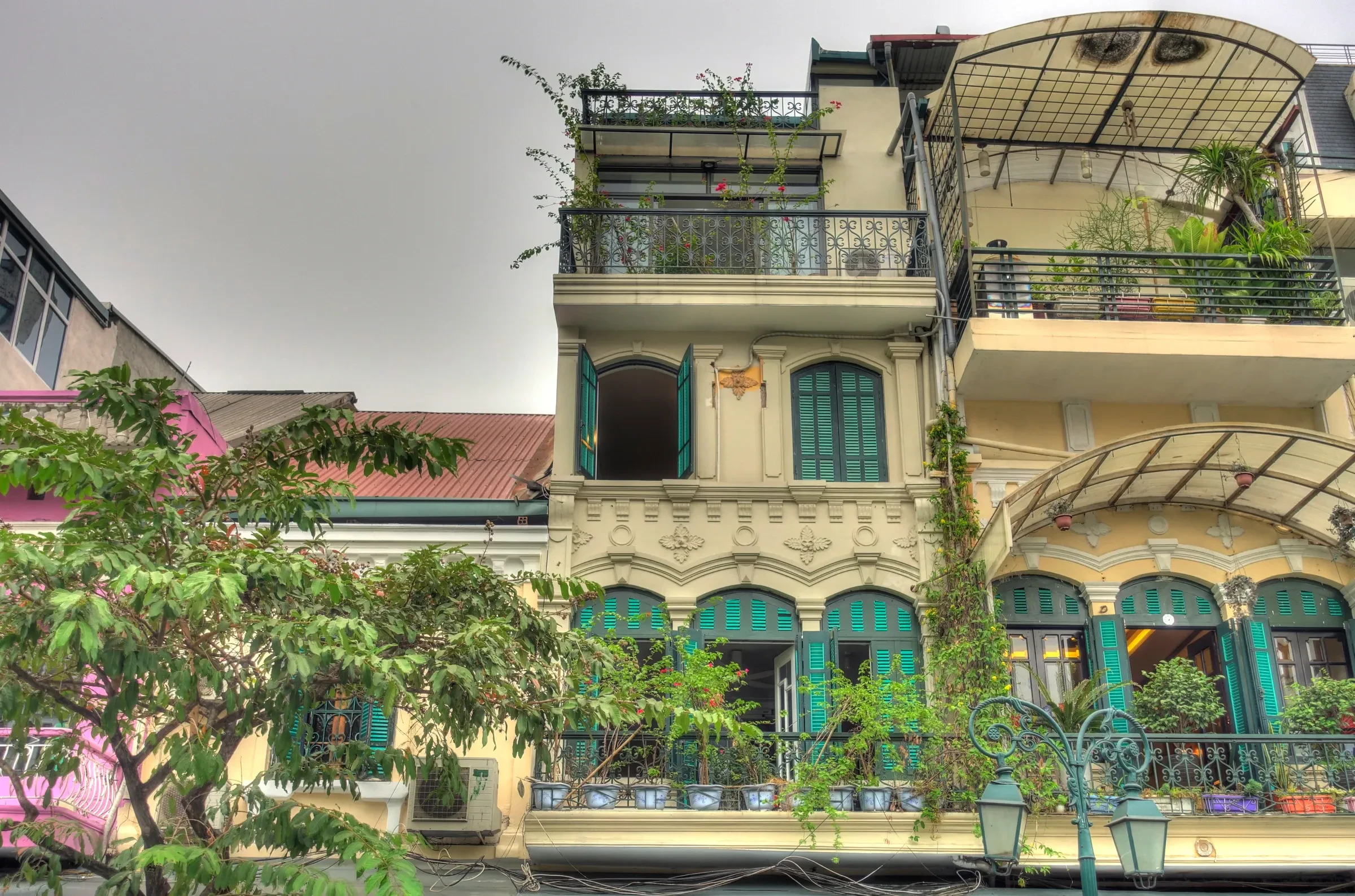 A colonial era building with balconies in Hanoi's French Quarter
