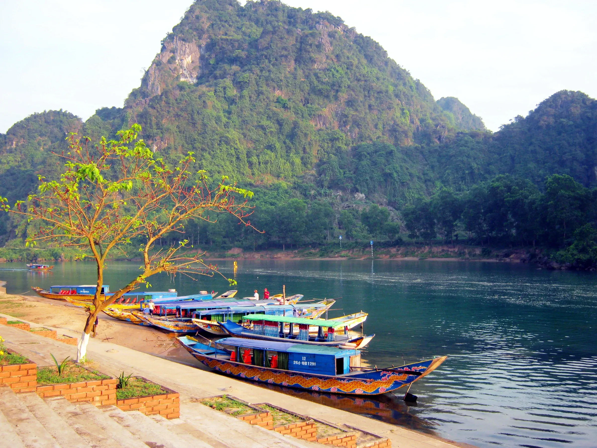 Tour boats moored at the Son River landing in Phong Nha under a forested peak