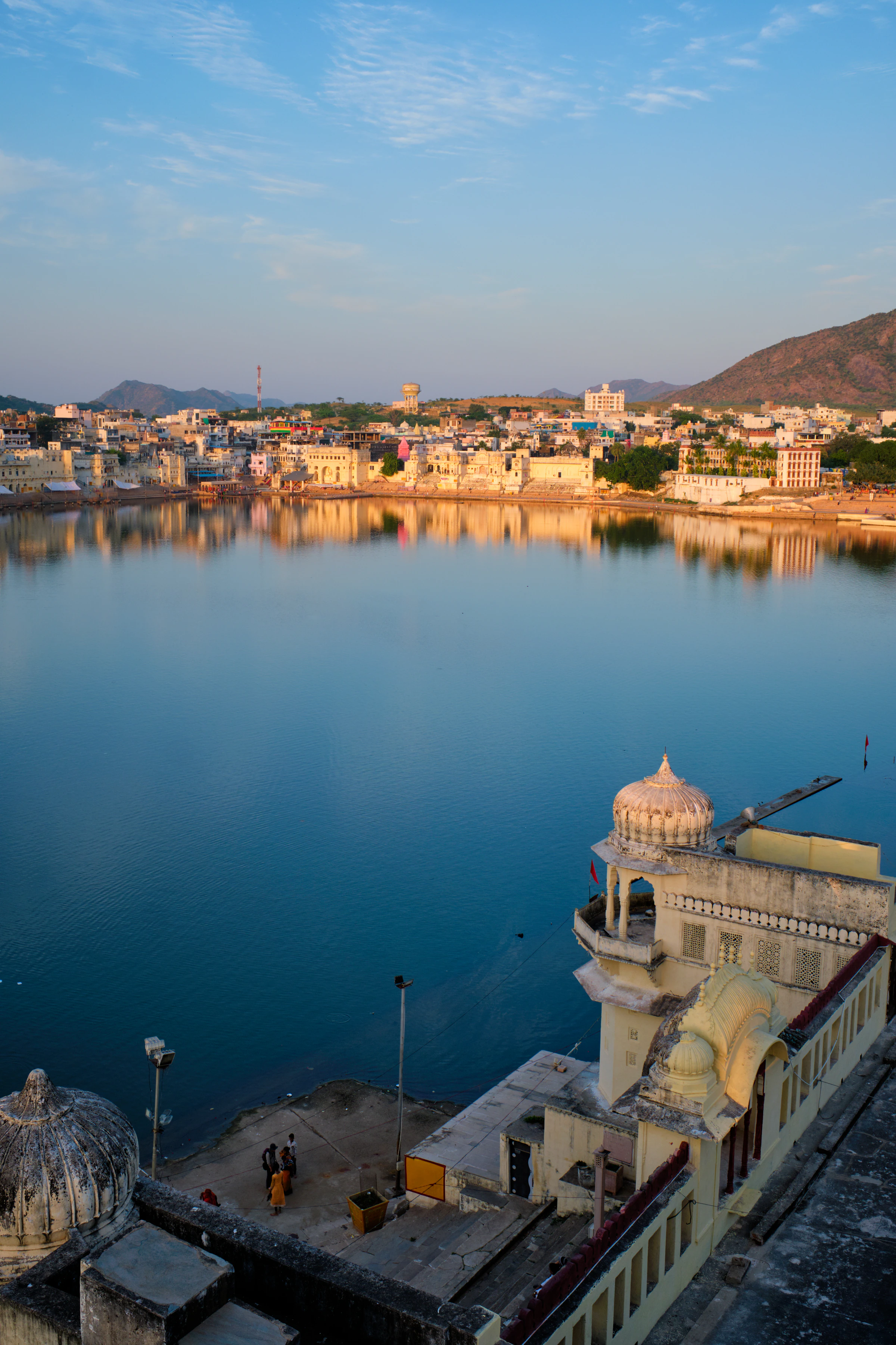 Pushkar town and lake from above, with the hills behind