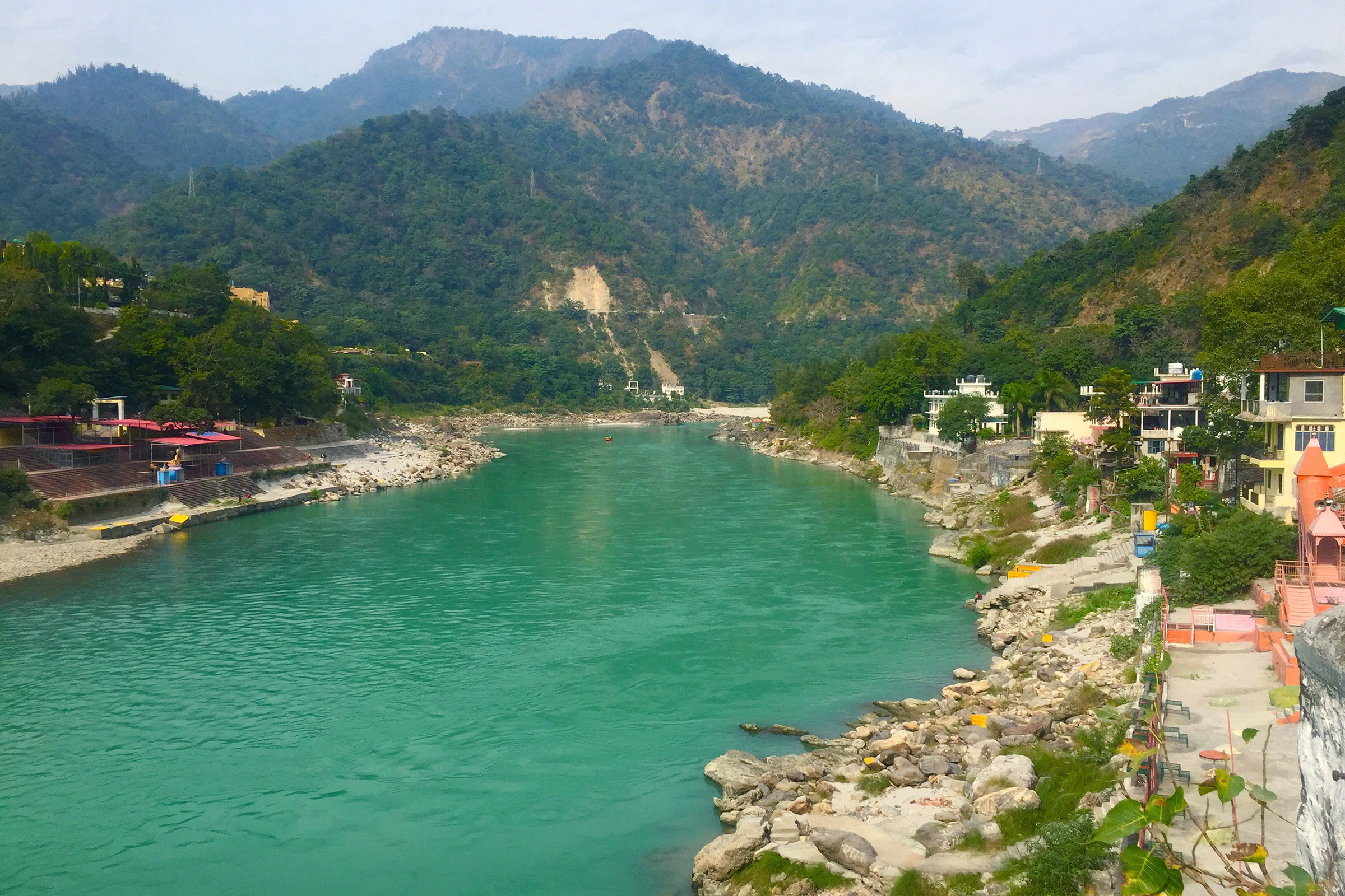 The clear green Ganga river running through Rishikesh