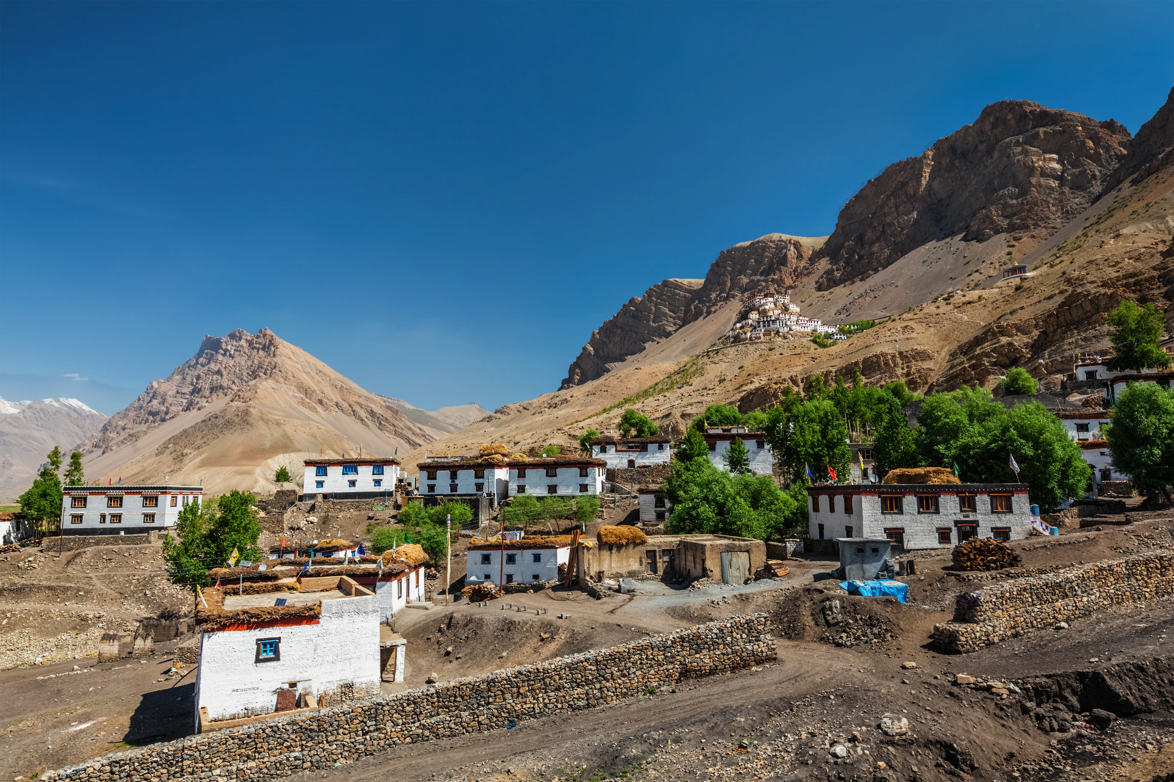 Whitewashed houses of Ki village in the Spiti Valley under a deep blue sky