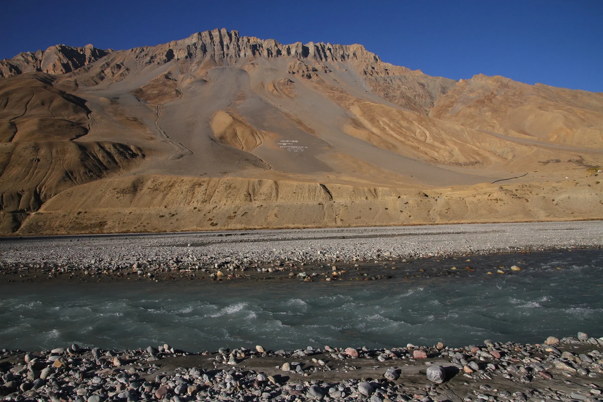 The Spiti River and ochre mountain slopes at Kaza