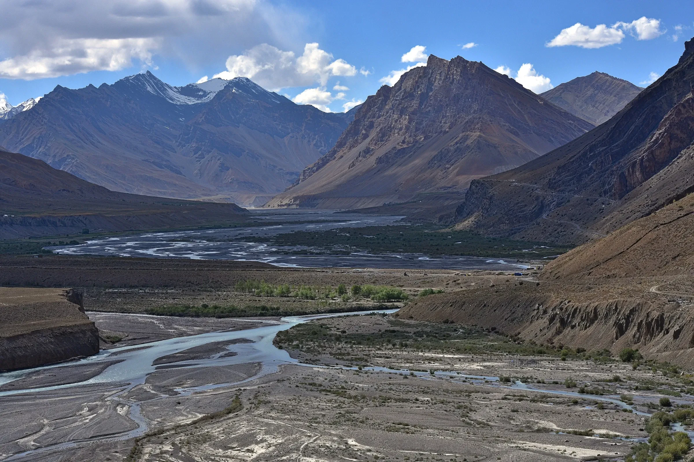 The braided Spiti River and mountains in the valley above Kaza