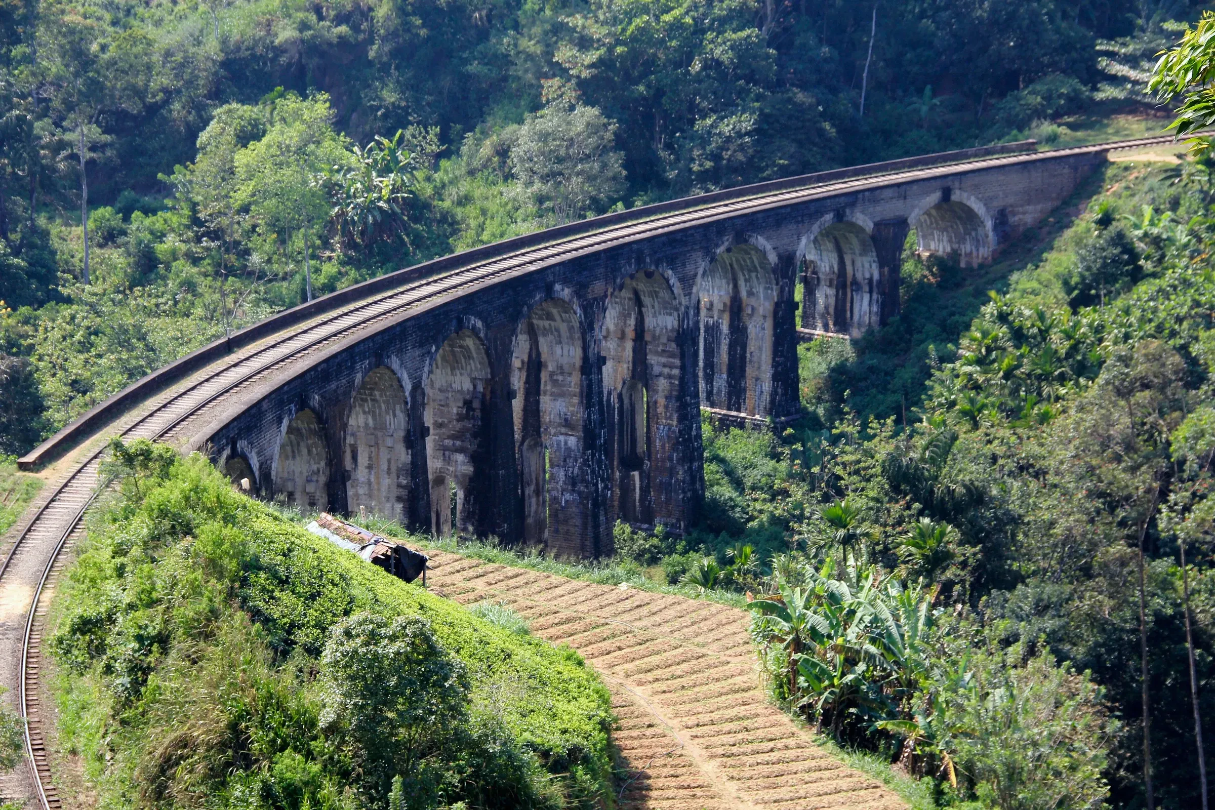 The curved stone viaduct of the Nine Arches Bridge among forest near Ella