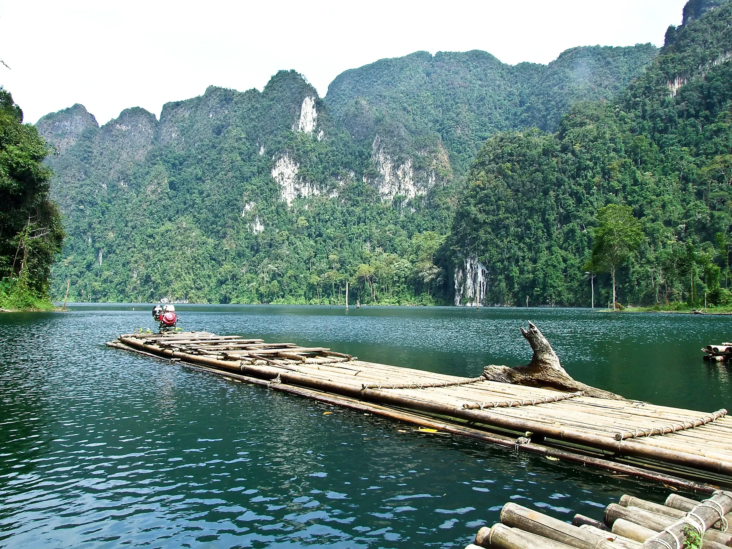 A bamboo raft floating on the lake below forested limestone cliffs in Khao Sok