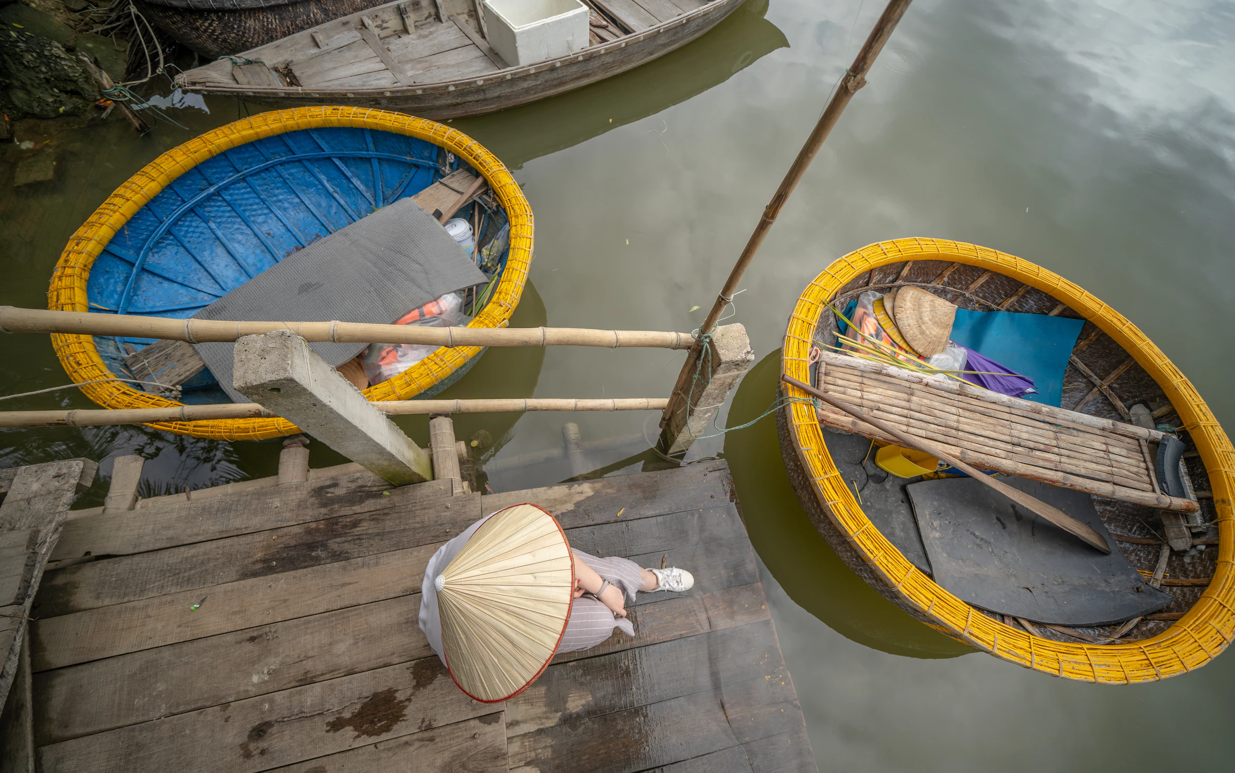 Round basket boats tied up on the water in central Vietnam