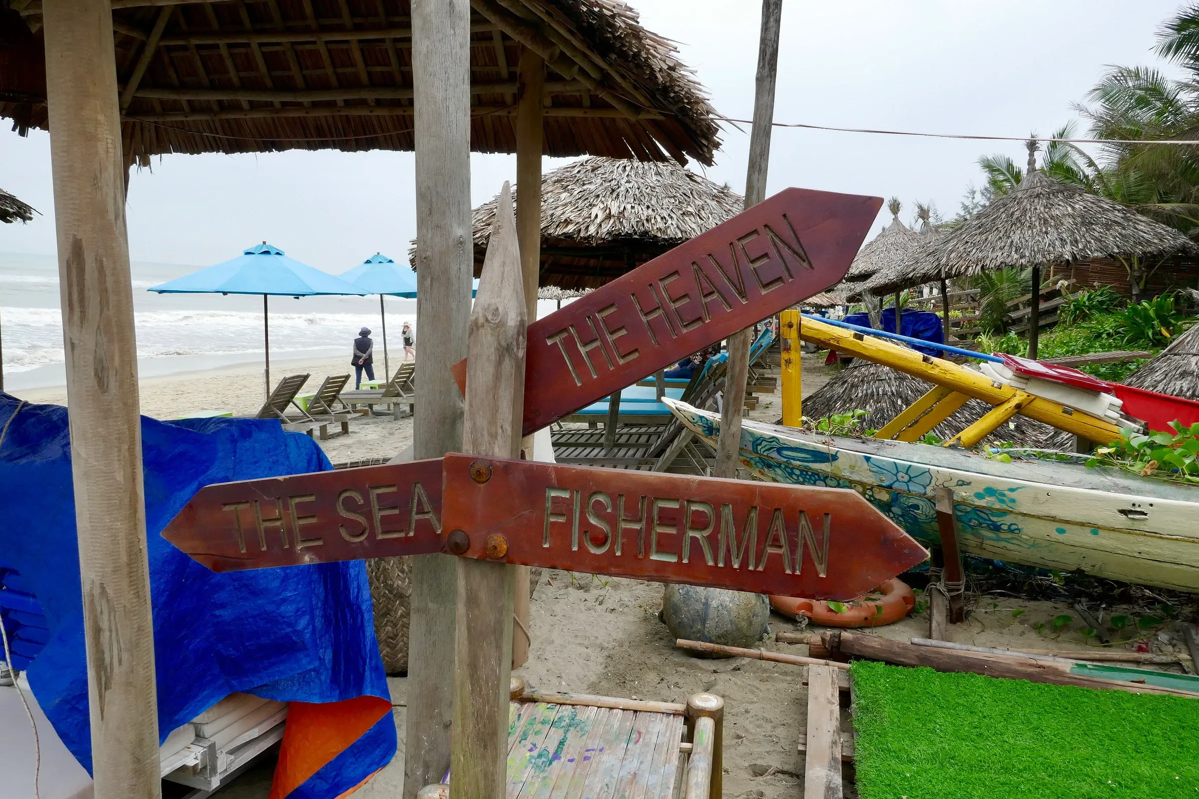 A beach bar and fishing boats on An Bang beach near Hoi An