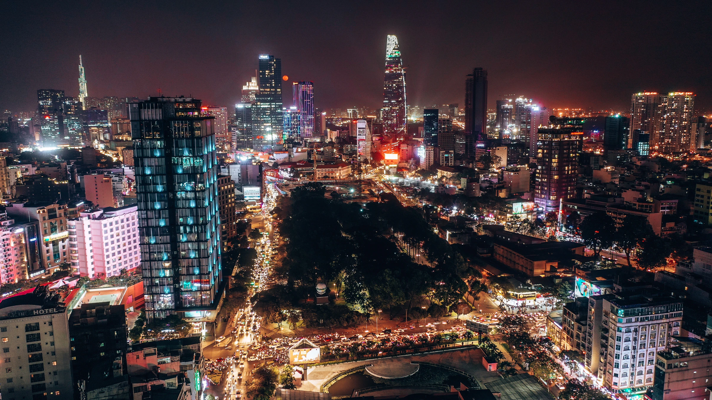 The Ho Chi Minh City skyline lit up at night
